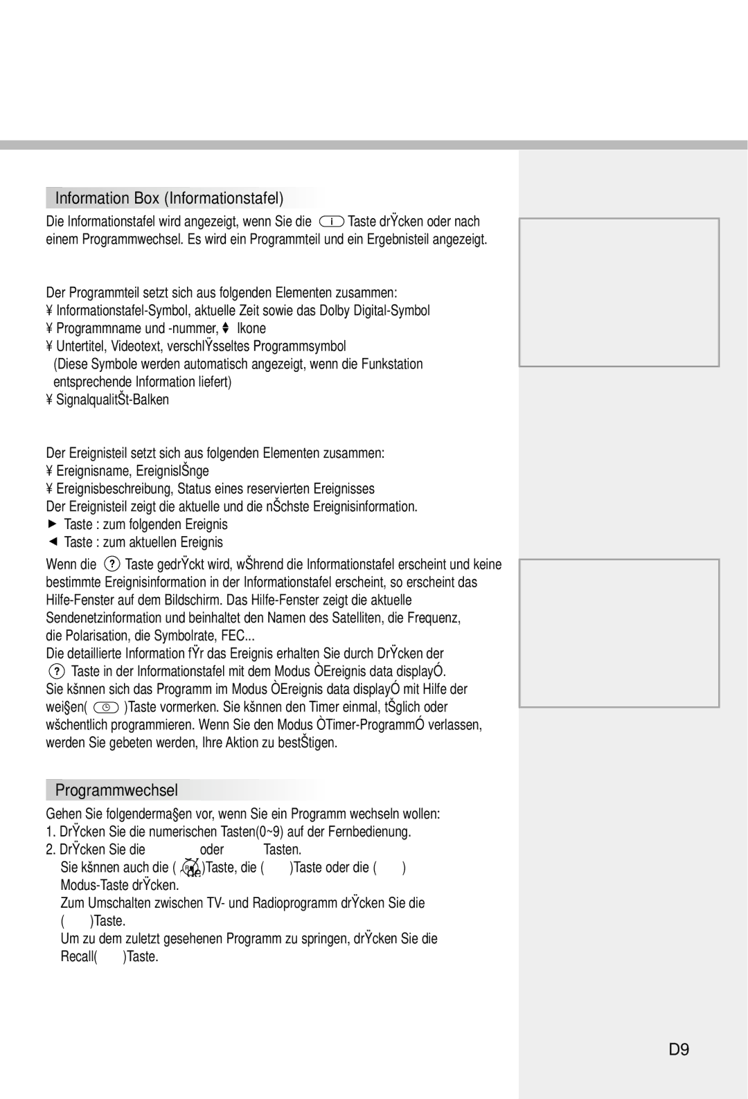 Humax IRCI-5400Z manual Funktionen, Information Box Informationstafel, Programmwechsel, Programmteil linke Seite der Box 