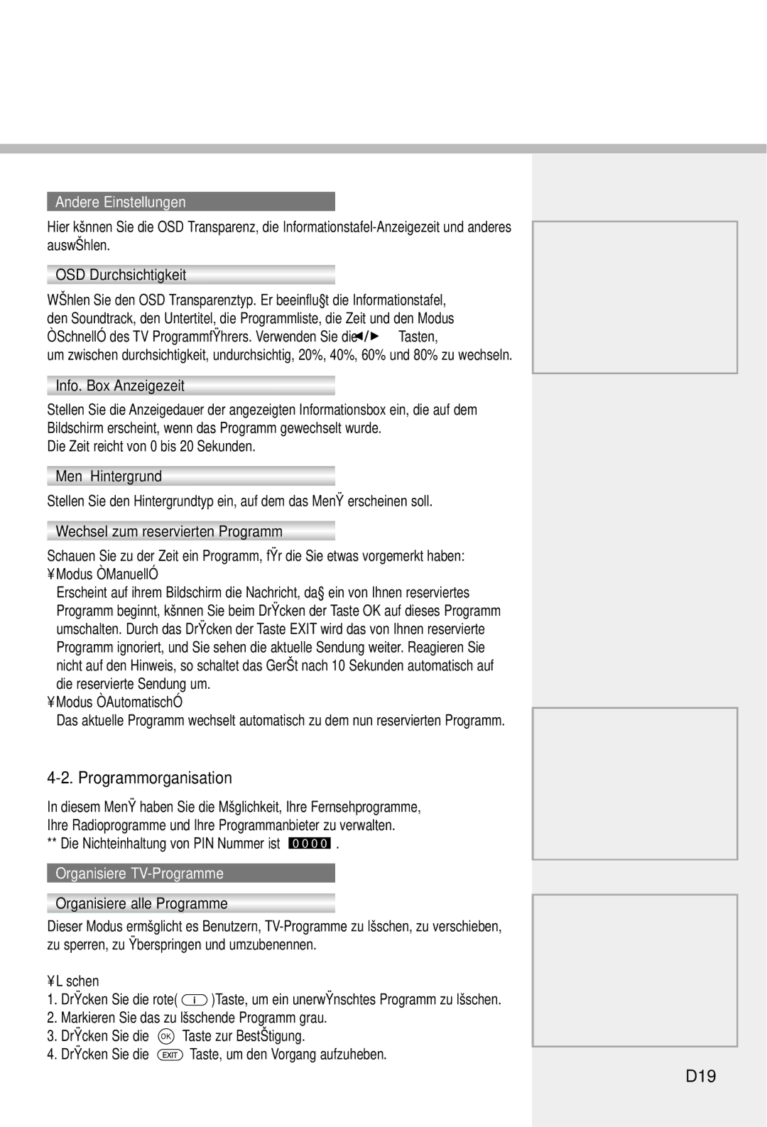 Humax IRCI-5400Z manual Programmorganisation, D19, Andere Einstellungen, Organisiere TV-Programme 