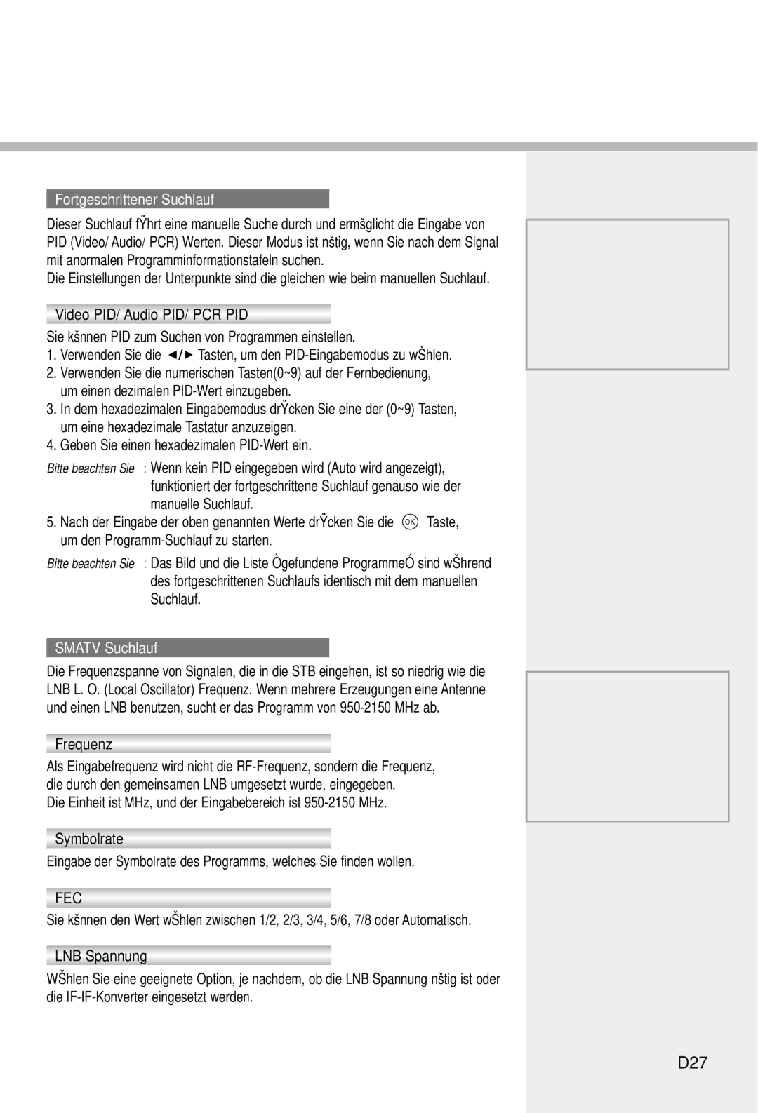 Humax IRCI-5400Z manual D27, Fortgeschrittener Suchlauf, Video PID/ Audio PID/ PCR PID, Smatv Suchlauf, LNB Spannung 