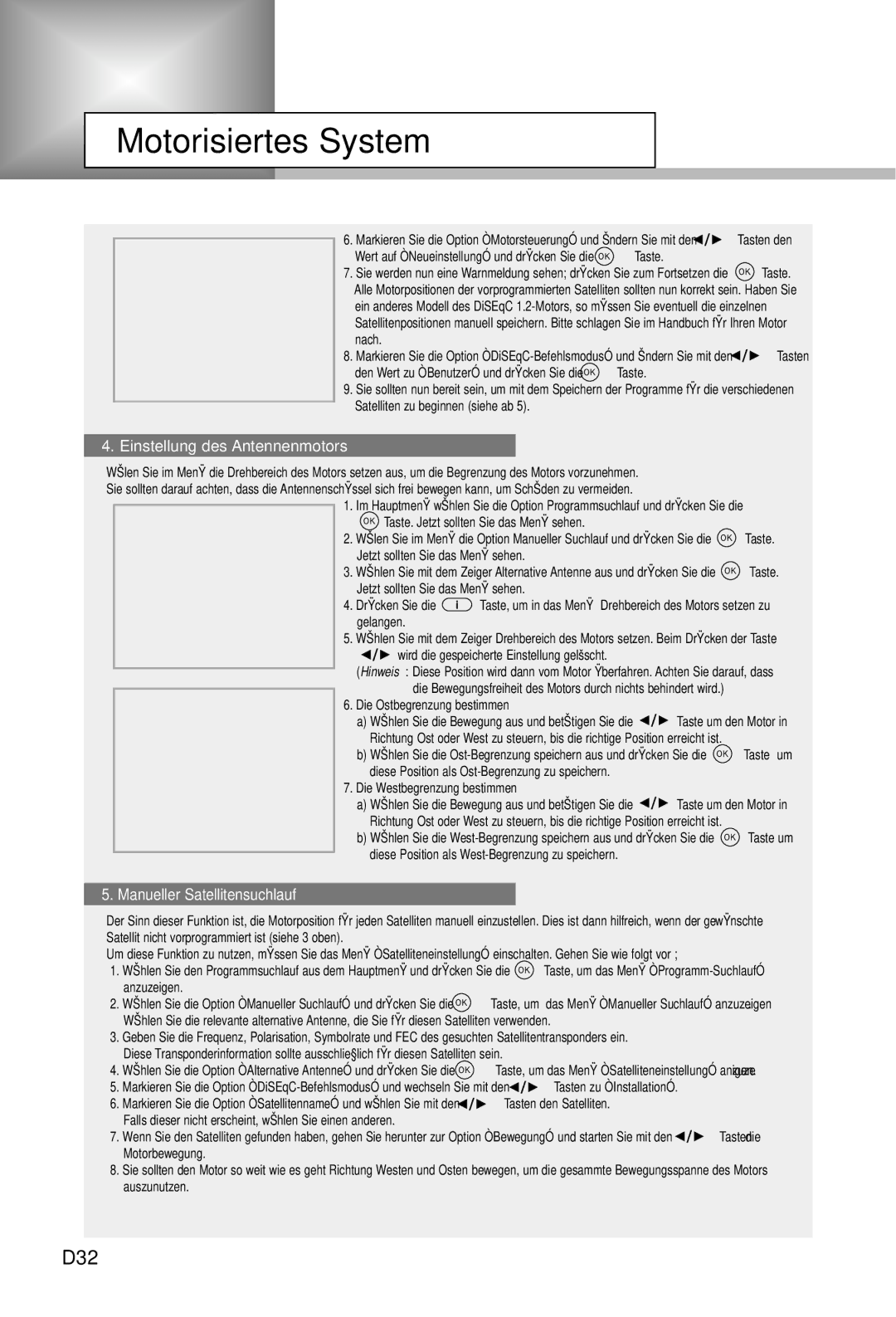 Humax IRCI-5400Z manual D32, Einstellung des Antennenmotors 