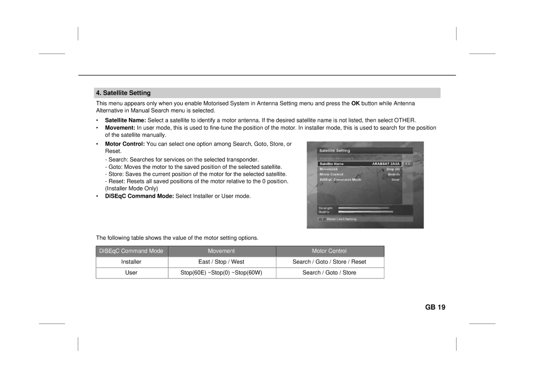 Humax IRCI-ACE user manual Satellite Setting, DiSEqC Command Mode Movement Motor Control 