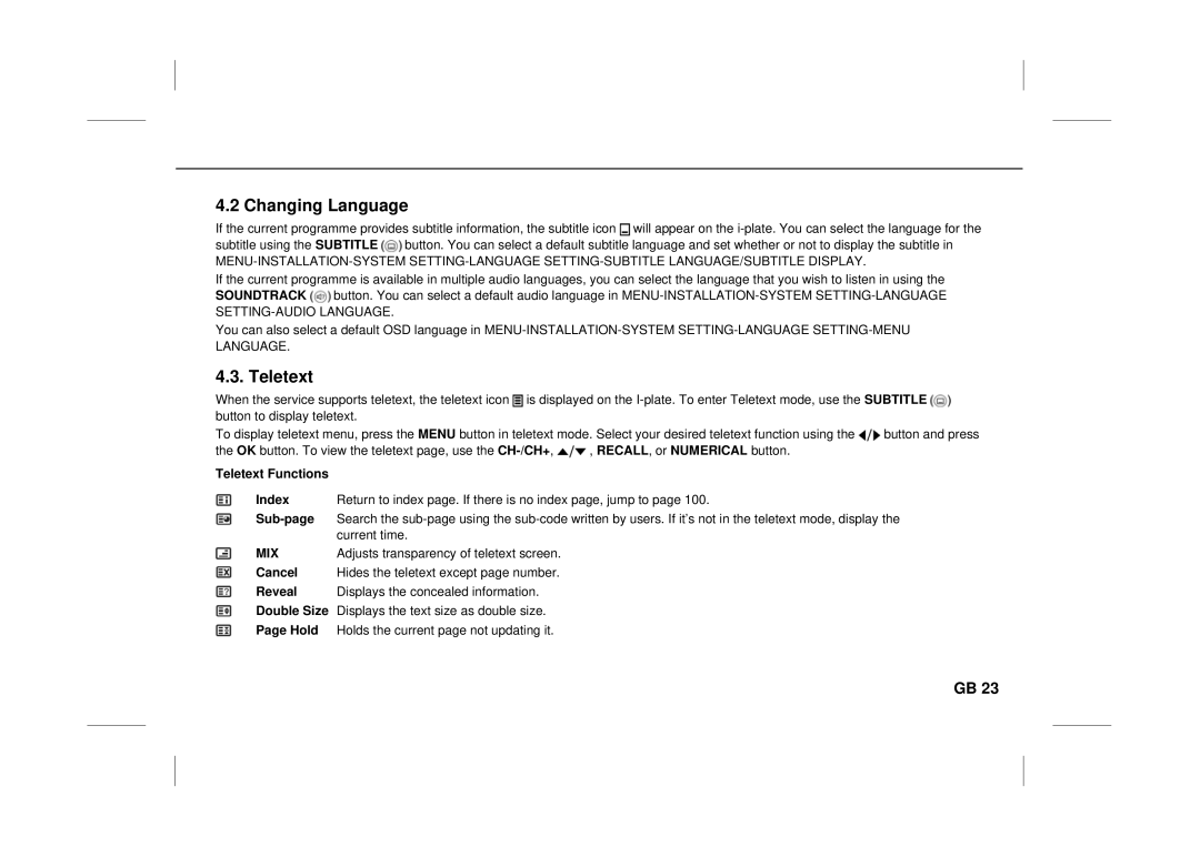 Humax IRCI-ACE user manual Changing Language, Teletext, Current time, Mix, Adjusts transparency of teletext screen 