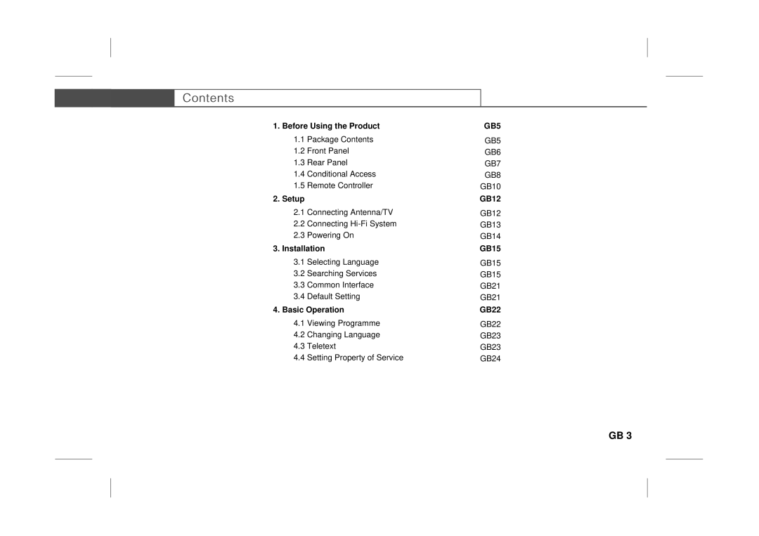 Humax IRCI-ACE user manual Before Using the Product, GB5, Setup GB12, Installation GB15, Basic Operation GB22 