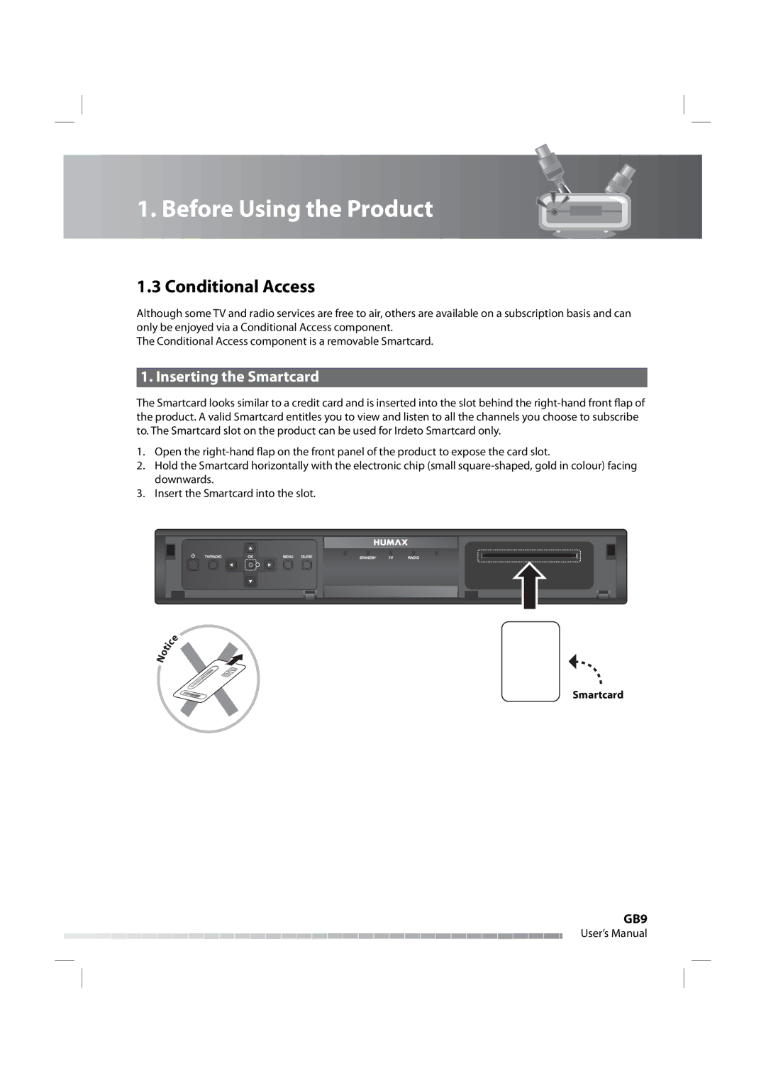 Humax IRHD-5000C user manual Conditional Access, Inserting the Smartcard 