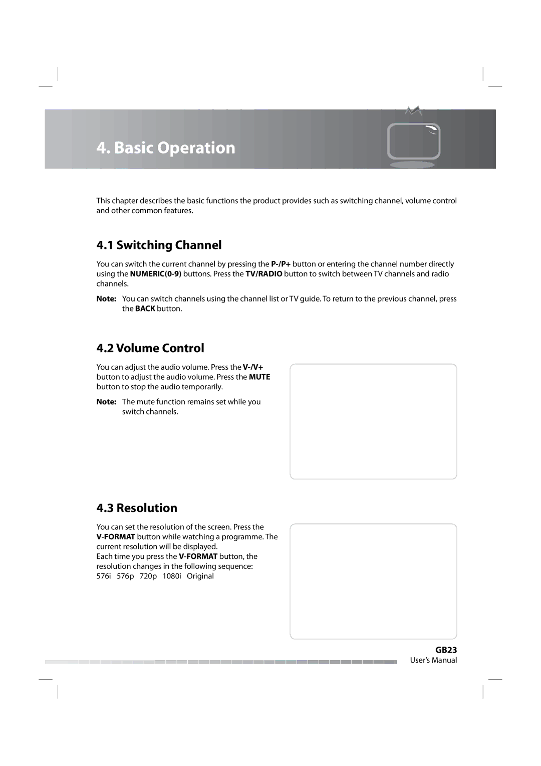 Humax IRHD-5000C user manual Basic Operation, Switching Channel, Volume Control, Resolution 