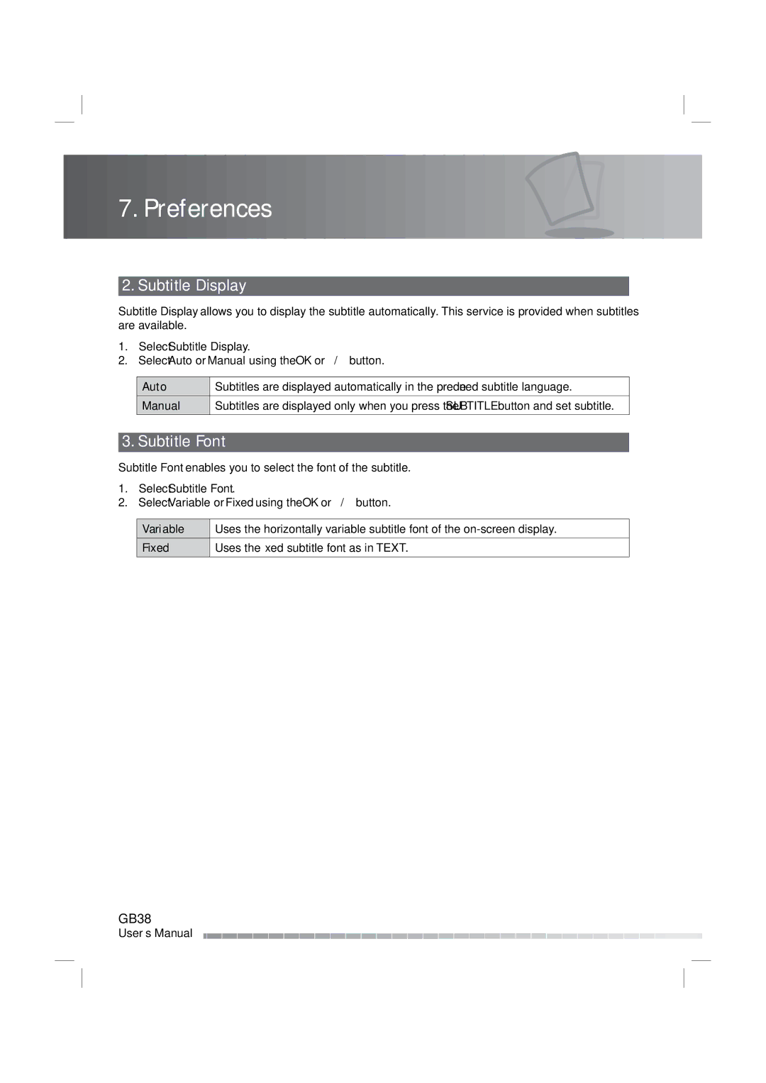 Humax IRHD-5000C user manual Subtitle Display, Subtitle Font 