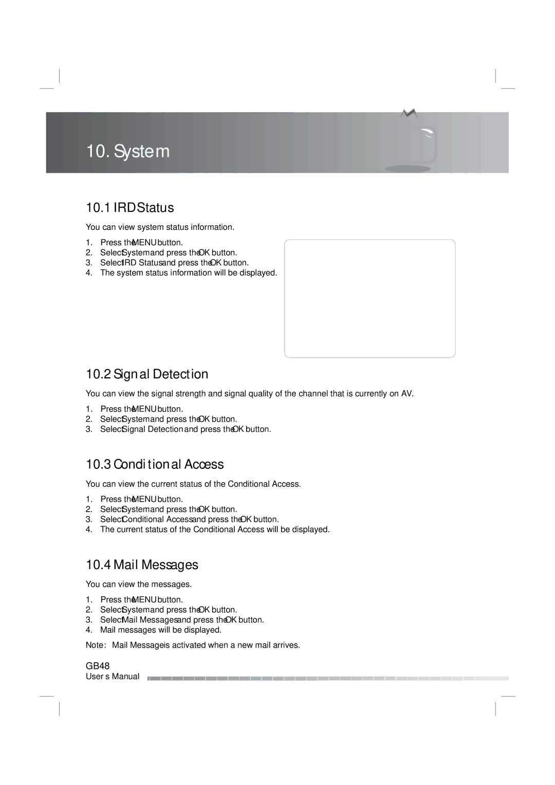 Humax IRHD-5000C user manual System, IRD Status, Signal Detection, Mail Messages 