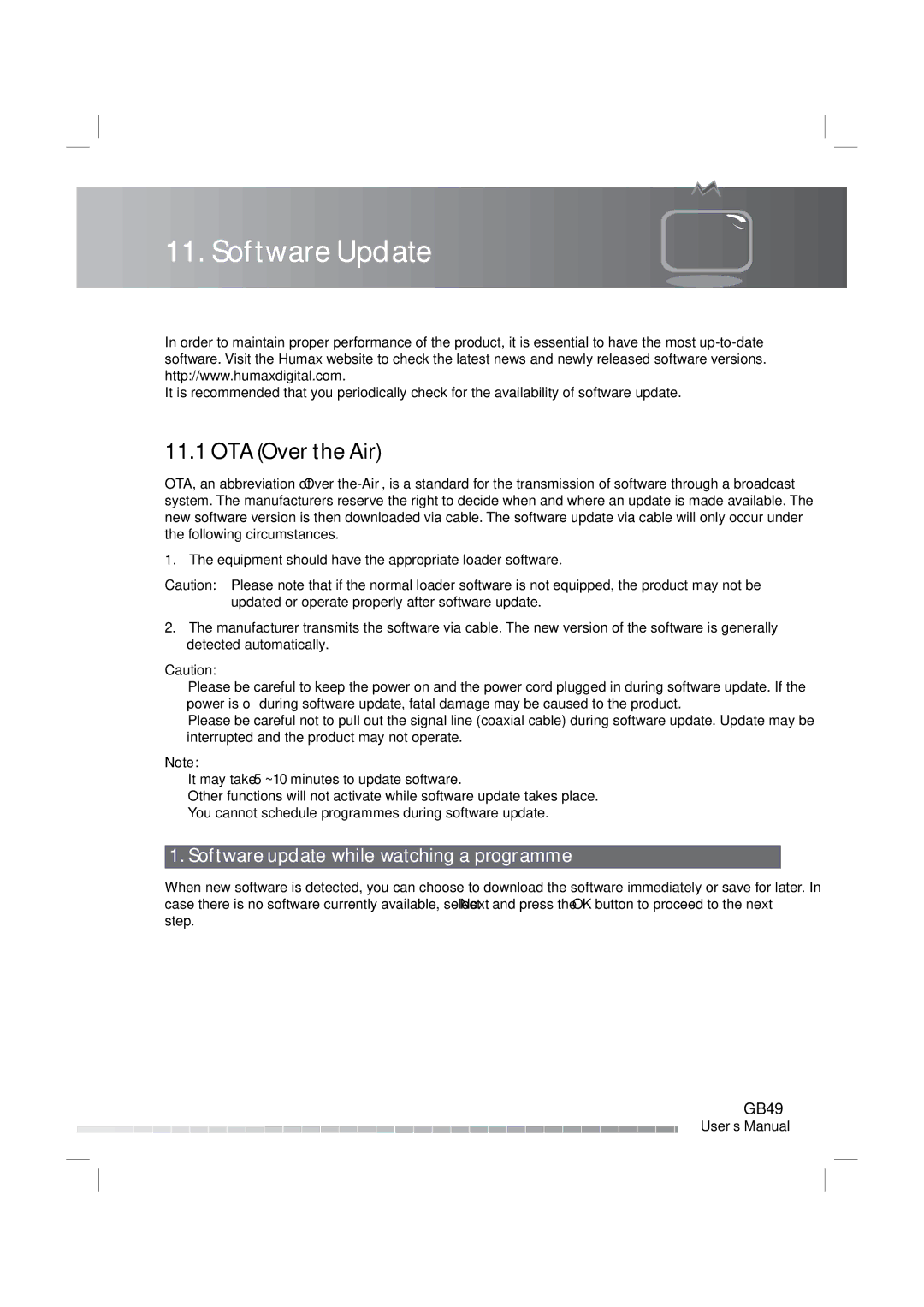 Humax IRHD-5000C user manual Software Update, OTA Over the Air, Software update while watching a programme 