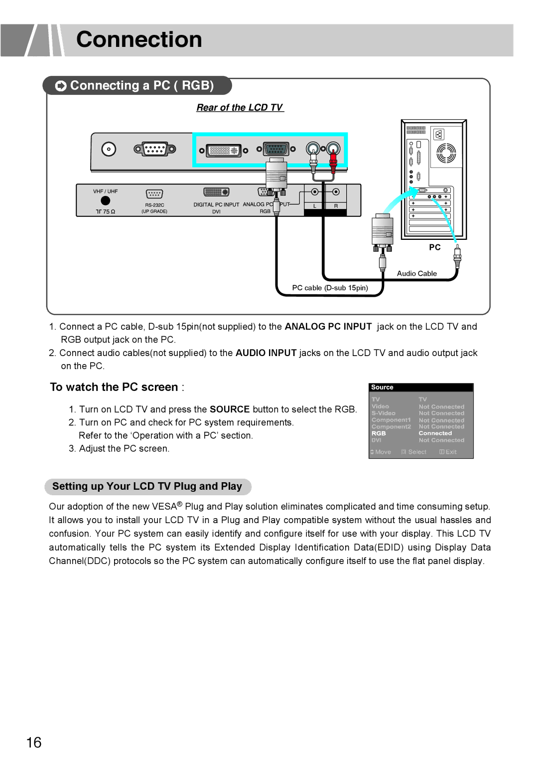 Humax L3040 owner manual Connecting a PC RGB 