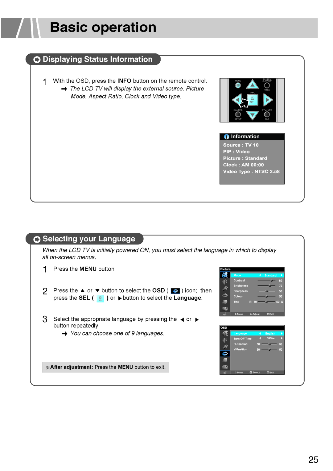 Humax L3040 owner manual Displaying Status Information, Selecting your Language 