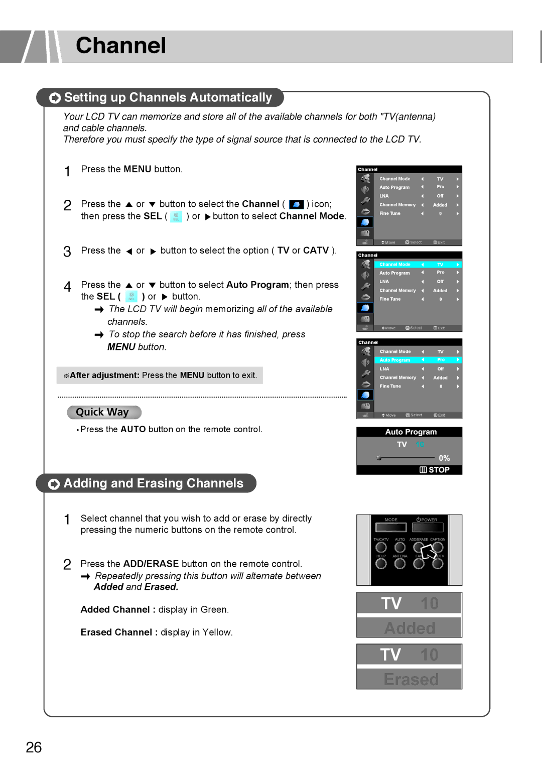 Humax L3040 owner manual Setting up Channels Automatically, Adding and Erasing Channels, Sel 