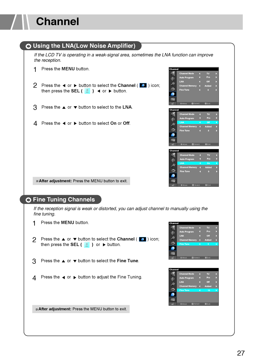 Humax L3040 owner manual Using the LNALow Noise Amplifier, Fine Tuning Channels 