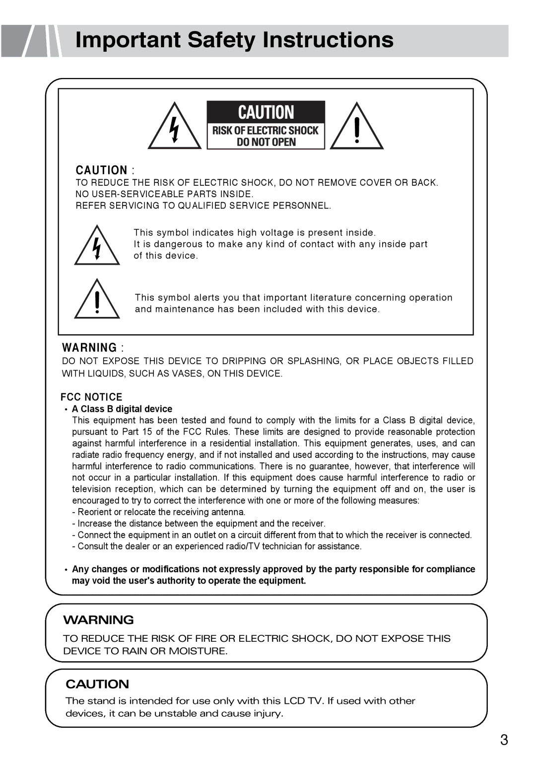 Humax L3040 owner manual Important Safety Instructions, Class B digital device 