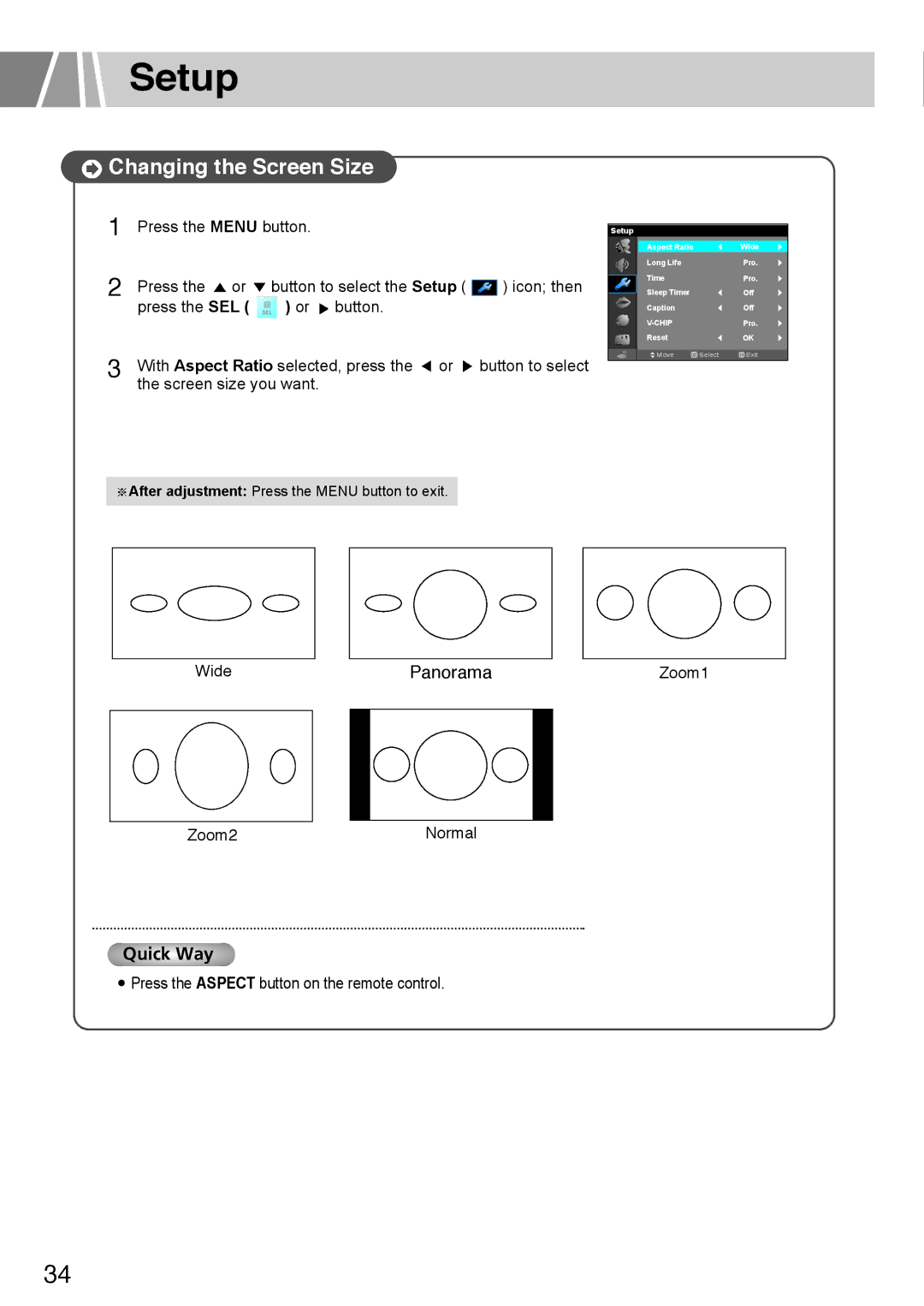 Humax L3040 owner manual Setup, Changing the Screen Size 