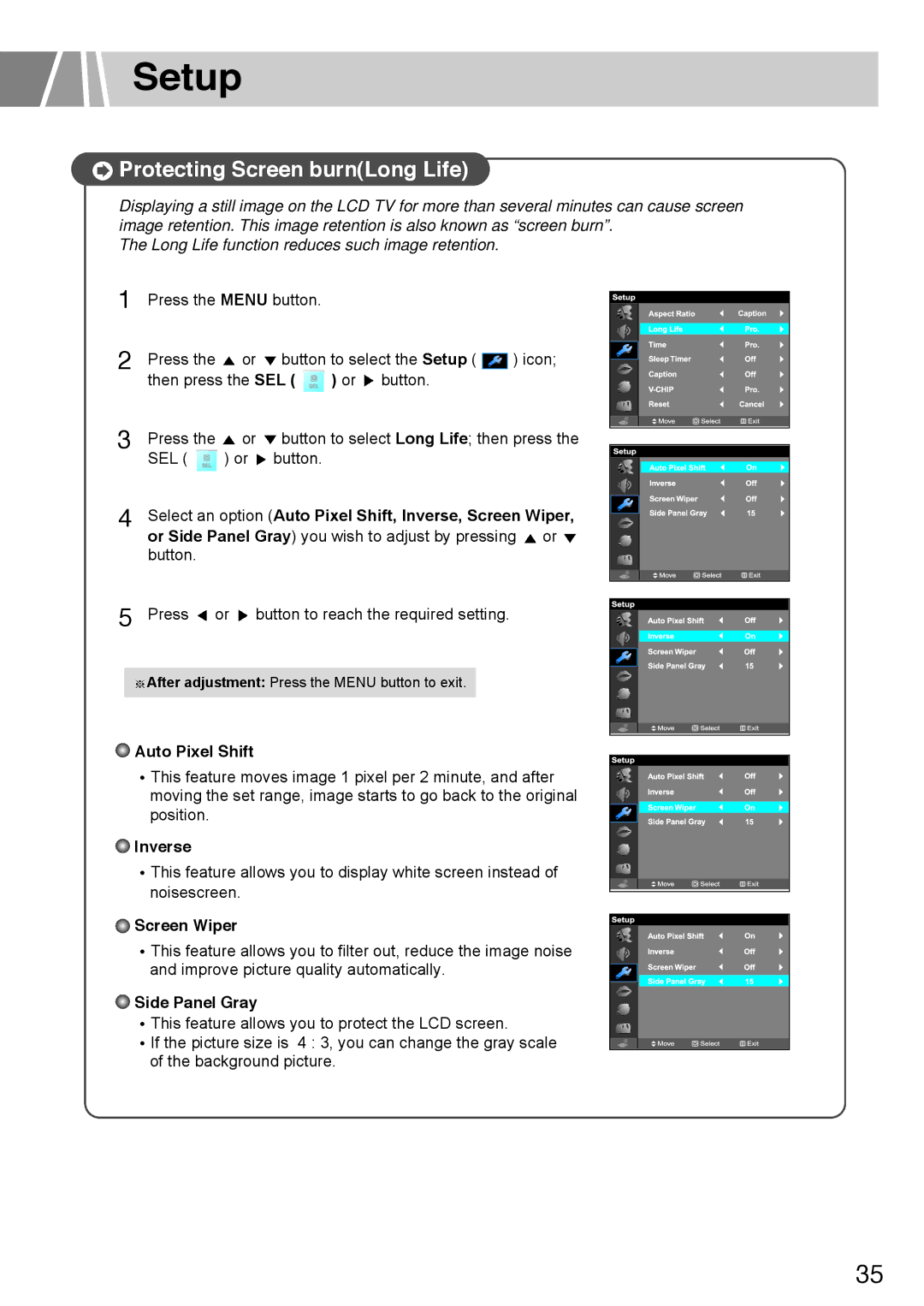 Humax L3040 owner manual Protecting Screen burnLong Life, Select an option Auto Pixel Shift, lnverse, Screen Wiper 