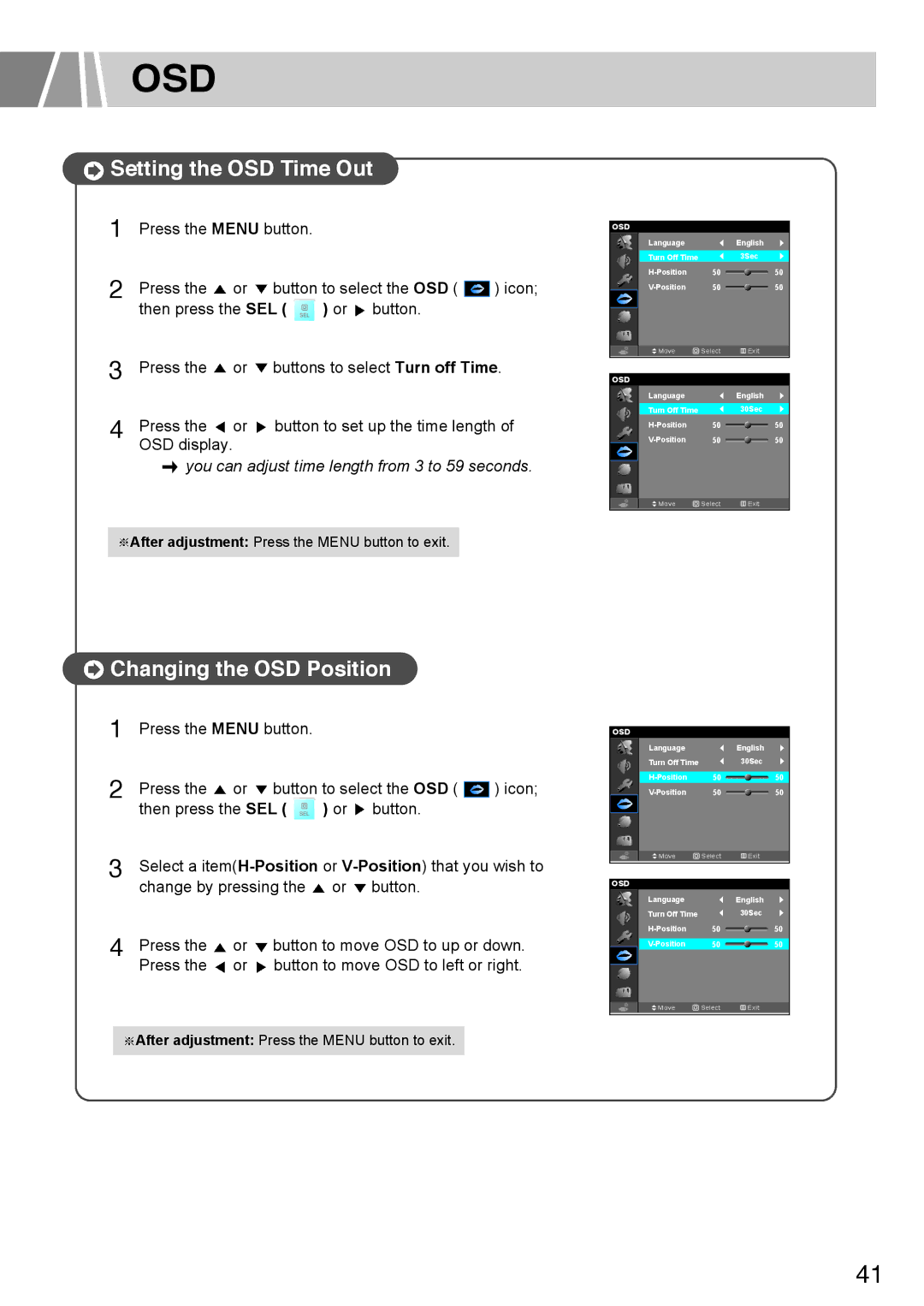 Humax L3040 owner manual Setting the OSD Time Out, Changing the OSD Position 