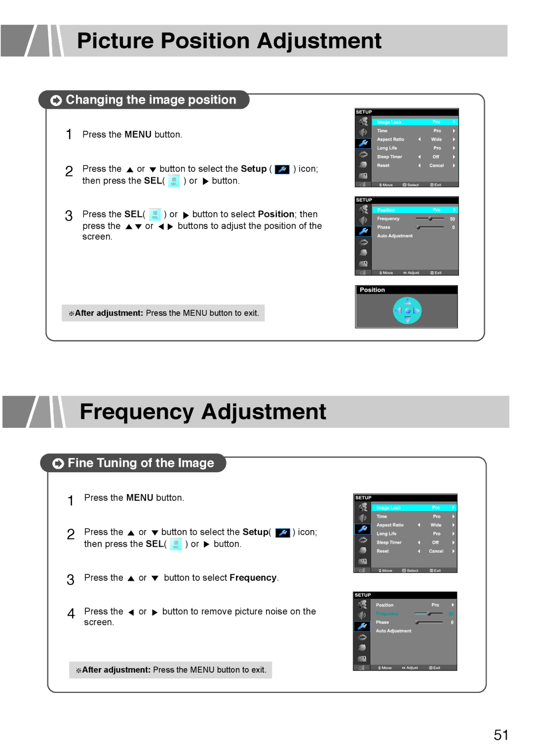 Humax L3040 Picture Position Adjustment, Frequency Adjustment, Changing the image position, Fine Tuning of the Image 