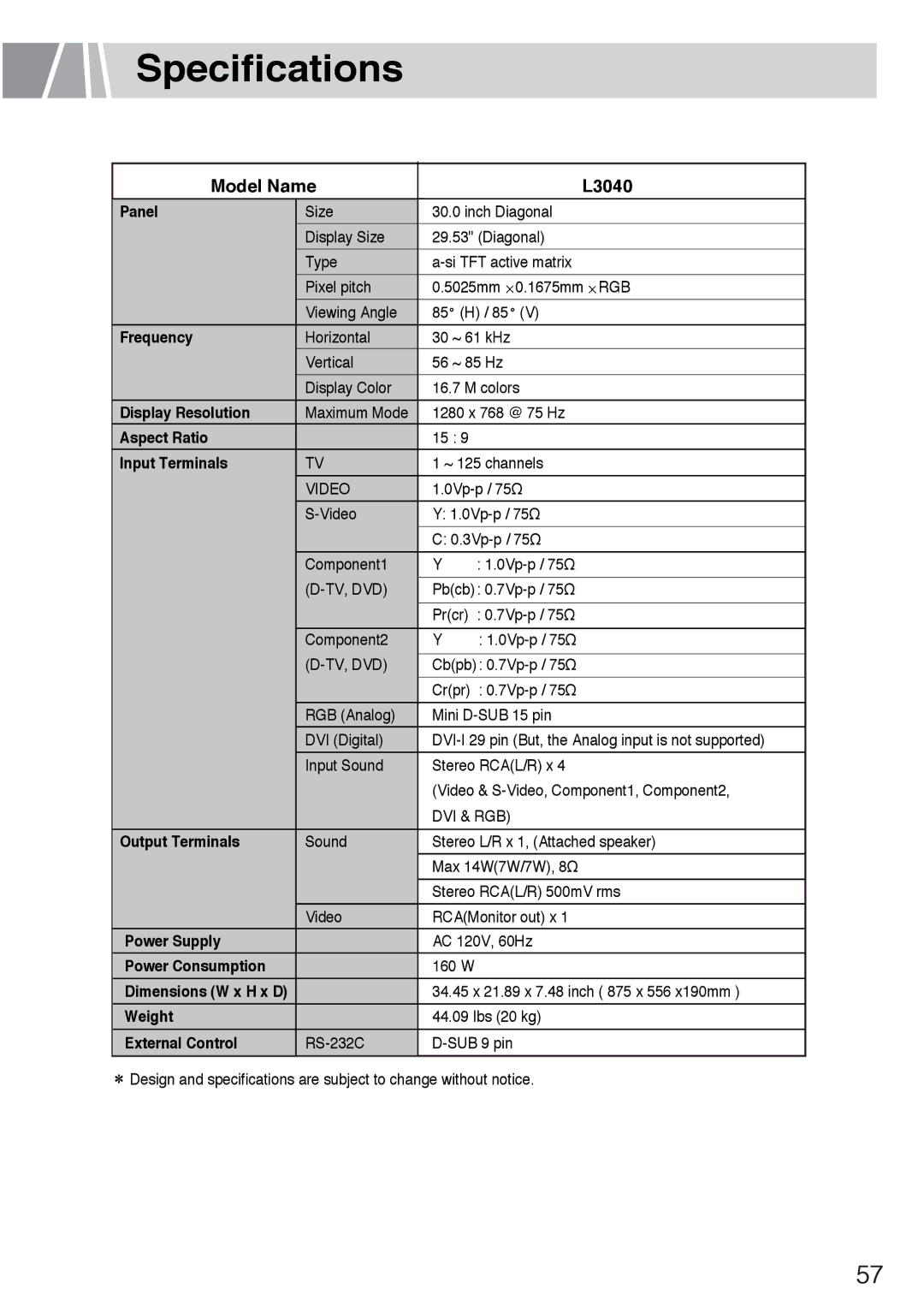 Humax owner manual Specifications, Model Name L3040 