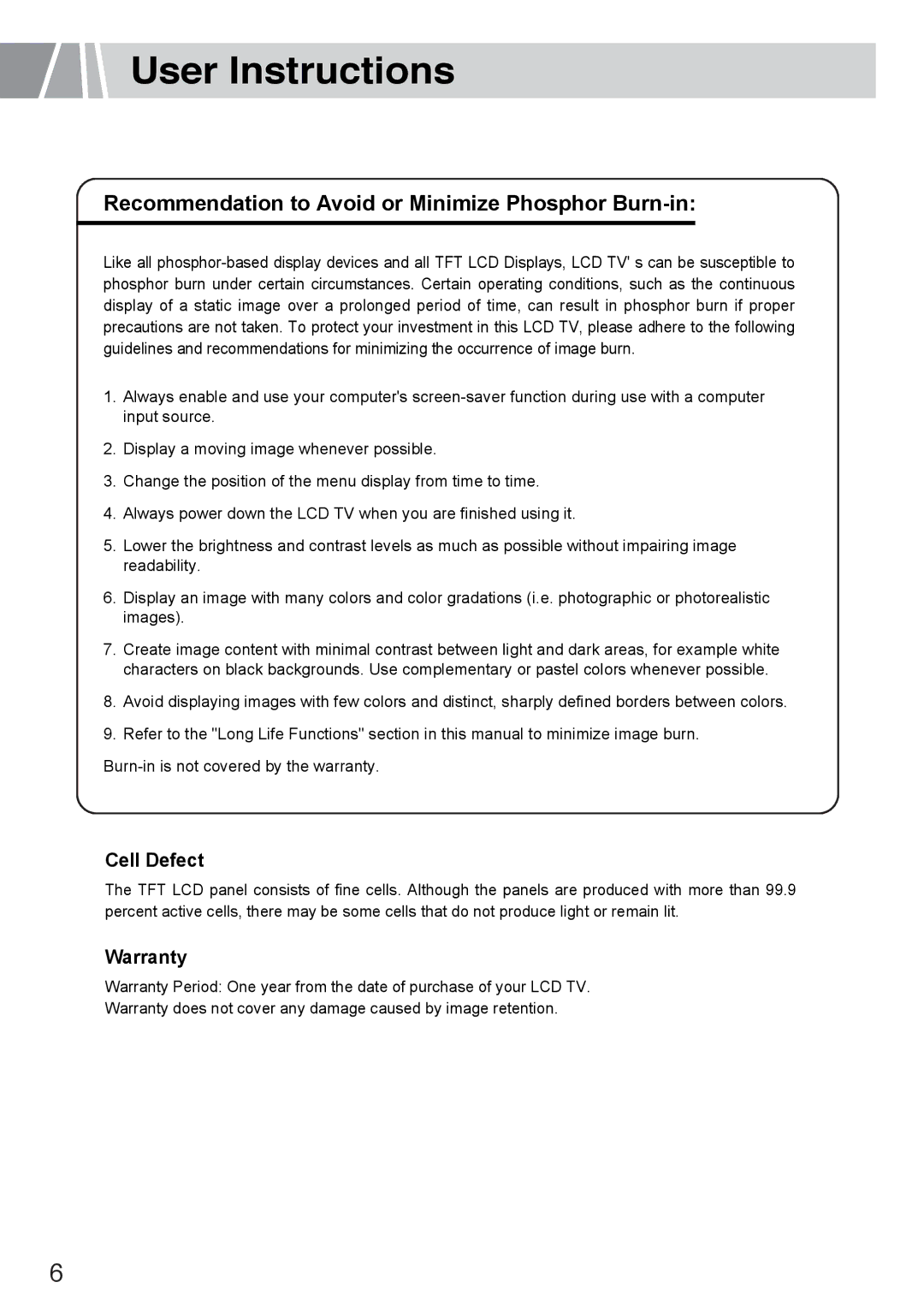 Humax L3040 owner manual User Instructions, Recommendation to Avoid or Minimize Phosphor Burn-in 