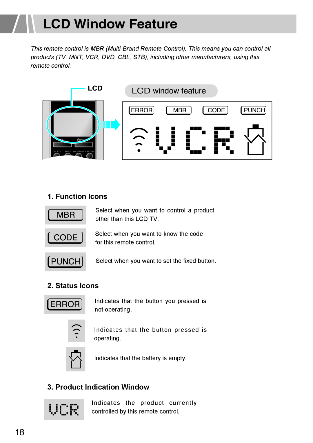 Humax L3040 owner manual LCD Window Feature, Function Icons, Status Icons, Product Indication Window, LCD window feature 
