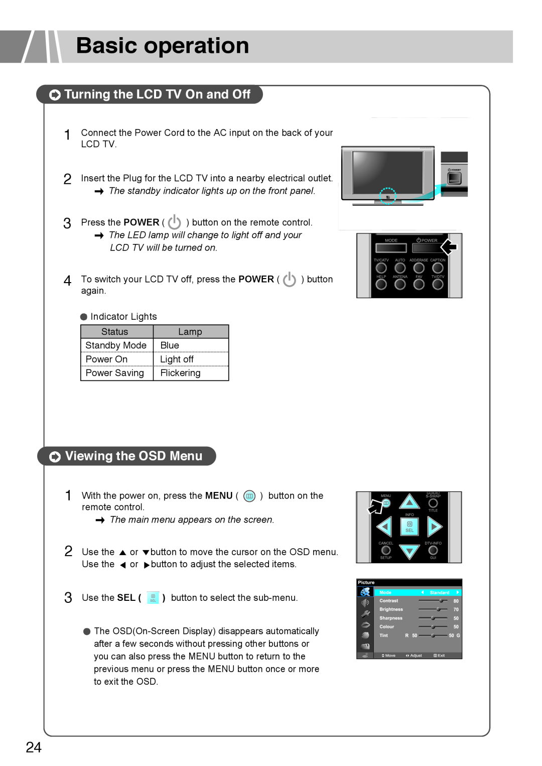 Humax L3040 owner manual Basic operation, Turning the LCD TV On and Off, Viewing the OSD Menu, LCD TV will be turned on 