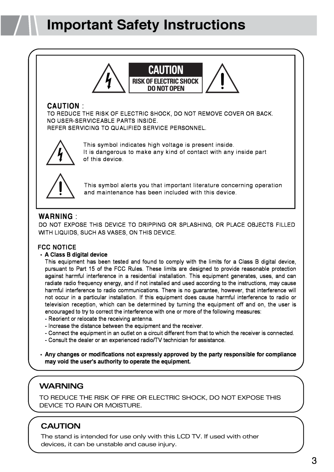 Humax L3040 owner manual Important Safety Instructions, Fcc Notice, A Class B digital device 