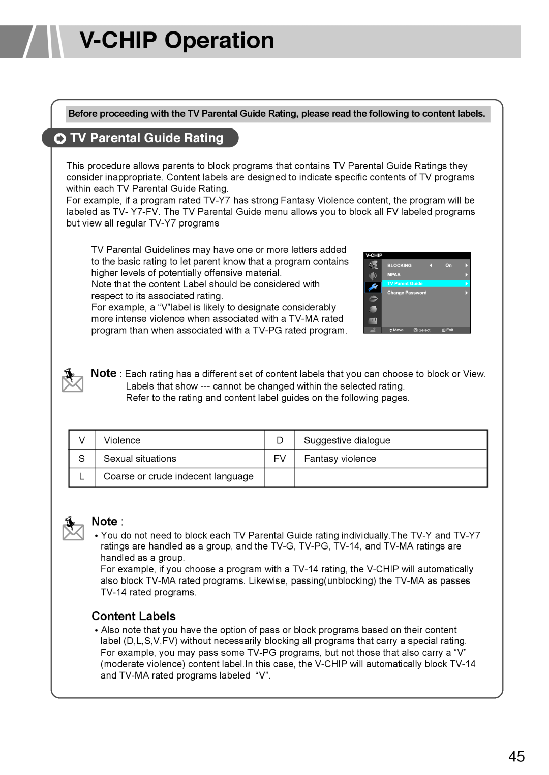Humax L3040 owner manual TV Parental Guide Rating, V-CHIP Operation, Content Labels 