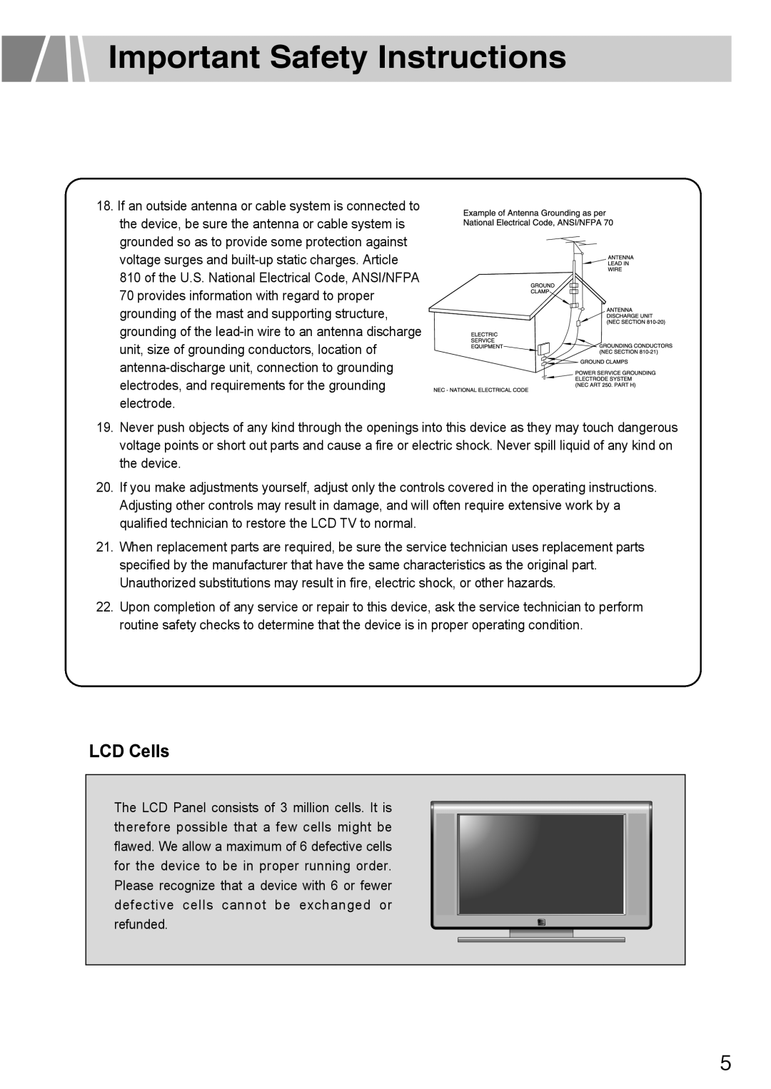 Humax L3040 owner manual LCD Cells, Important Safety Instructions 