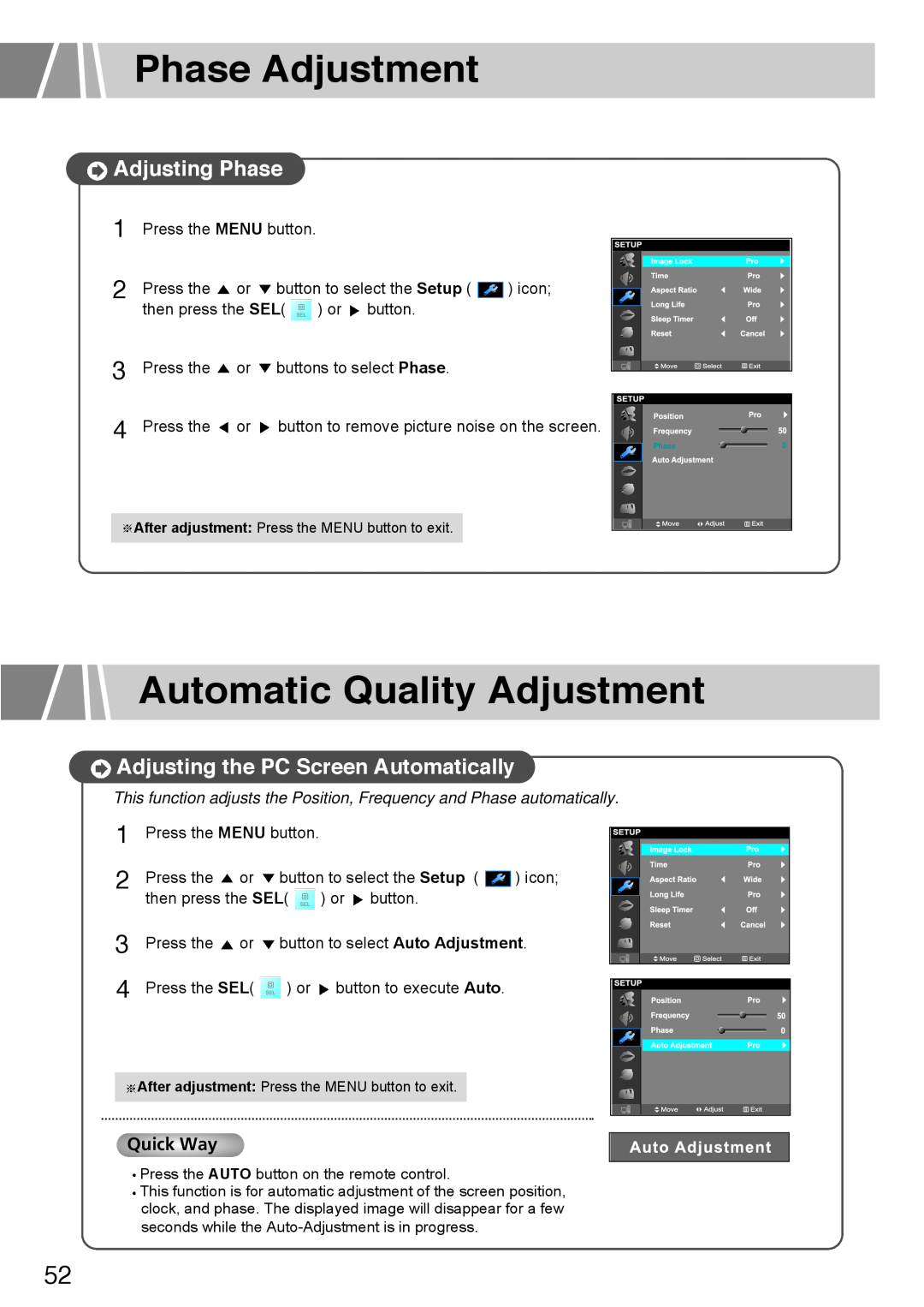 Humax L3040 Phase Adjustment, Automatic Quality Adjustment, Adjusting Phase, Adjusting the PC Screen Automatically 