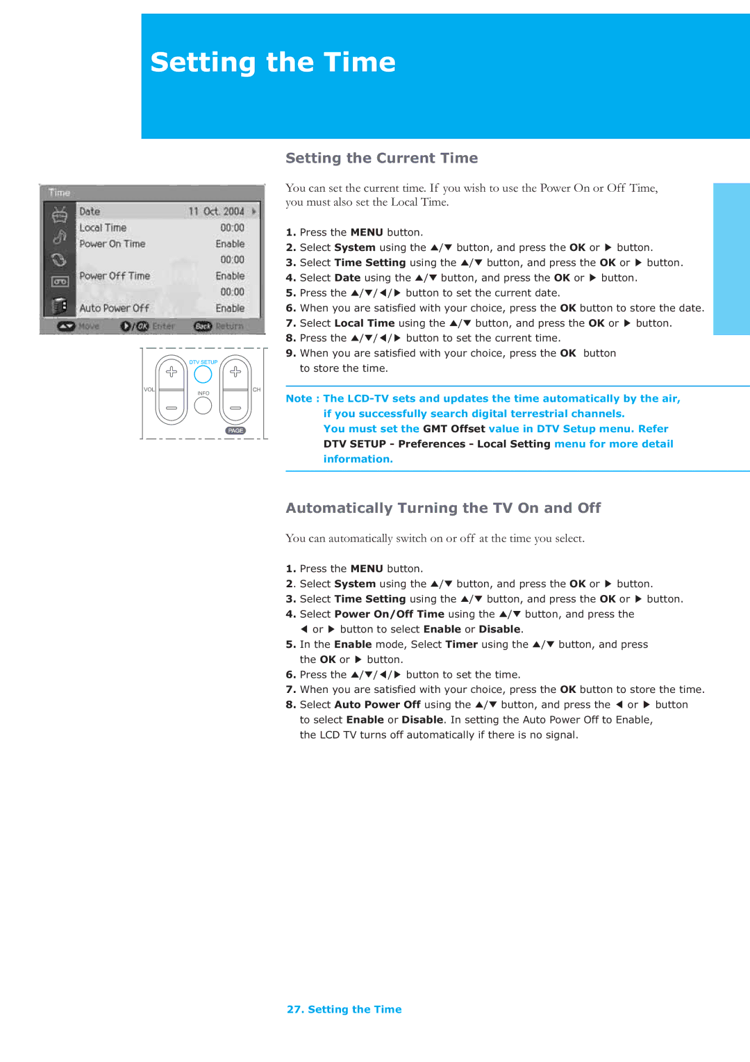 Humax LAU-26TPVR manual Setting the Time, Setting the Current Time, Automatically Turning the TV On and Off 