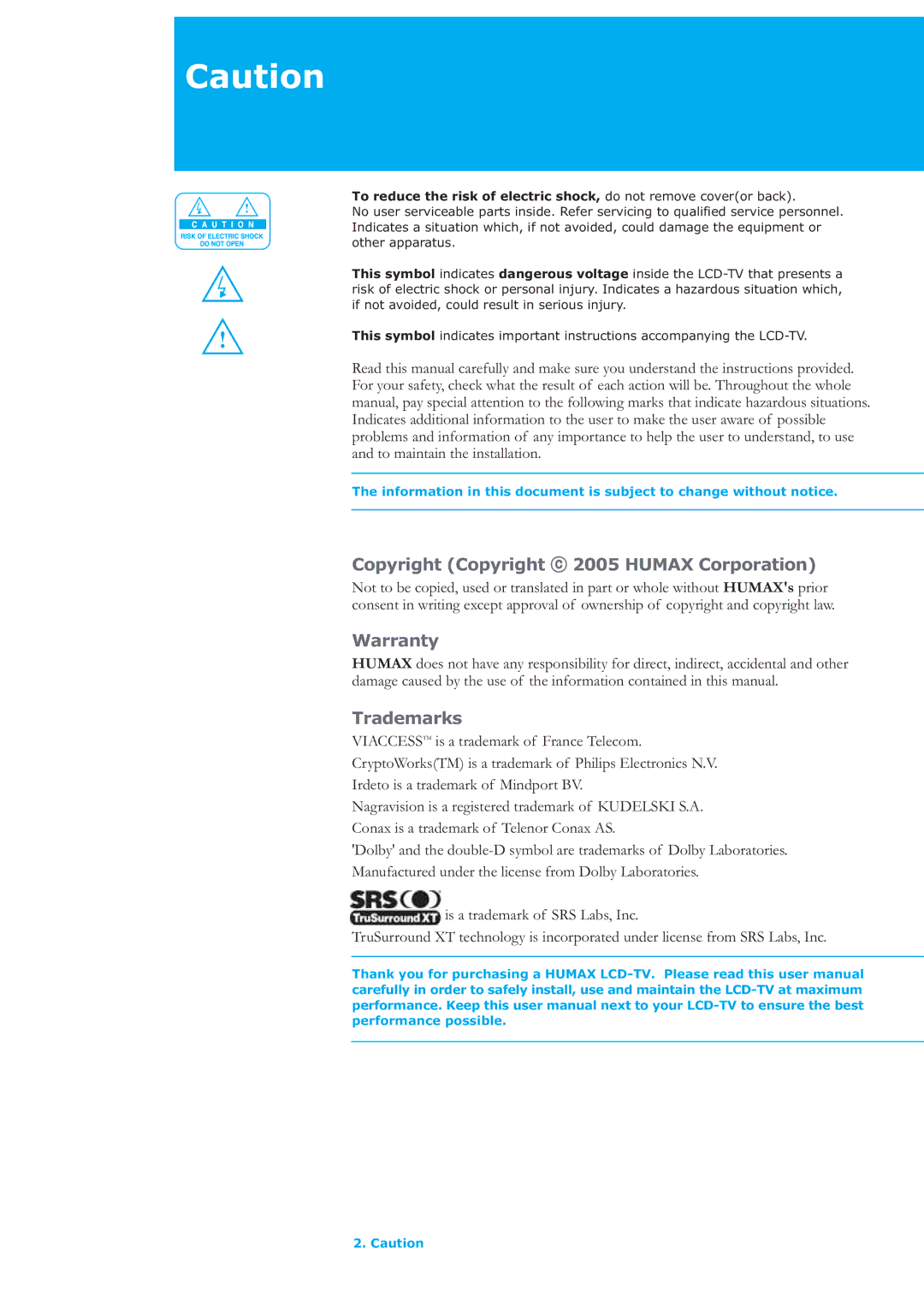 Humax LAU-26TPVR manual Copyright Copyright 2005 Humax Corporation, Warranty, Trademarks 