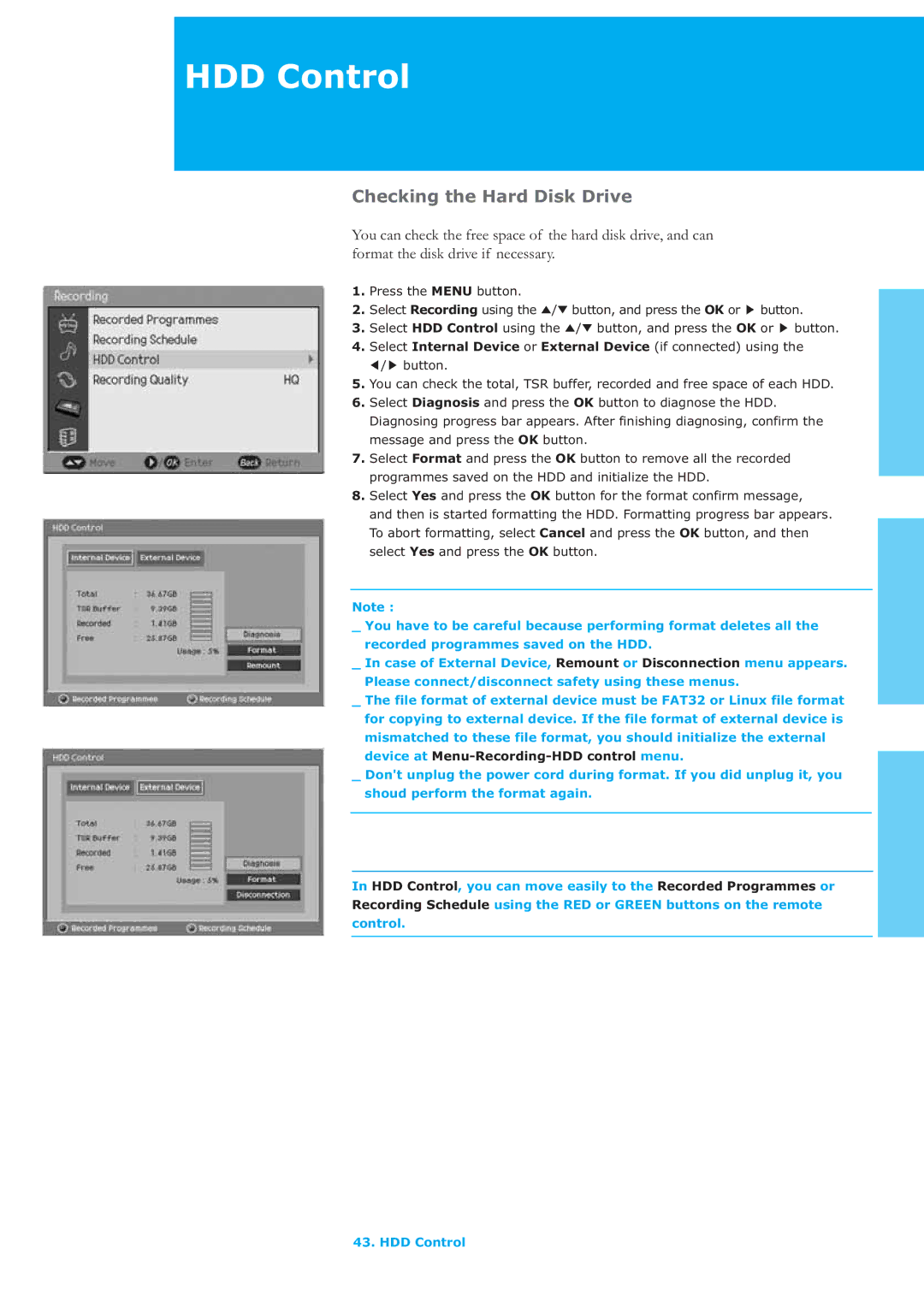 Humax LAU-26TPVR manual HDD Control, Checking the Hard Disk Drive, Device at Menu-Recording-HDD control menu 