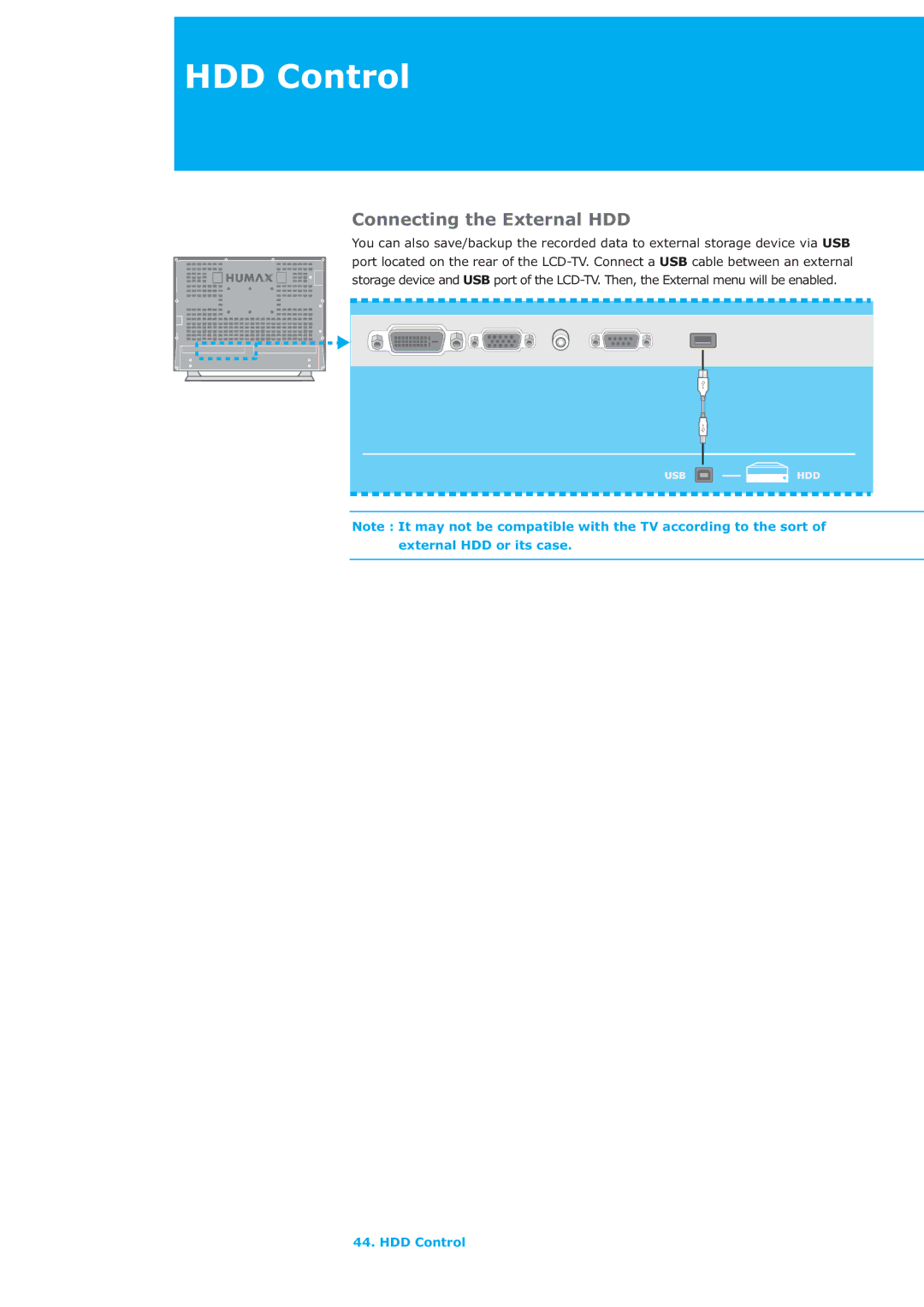 Humax LAU-26TPVR manual Connecting the External HDD 