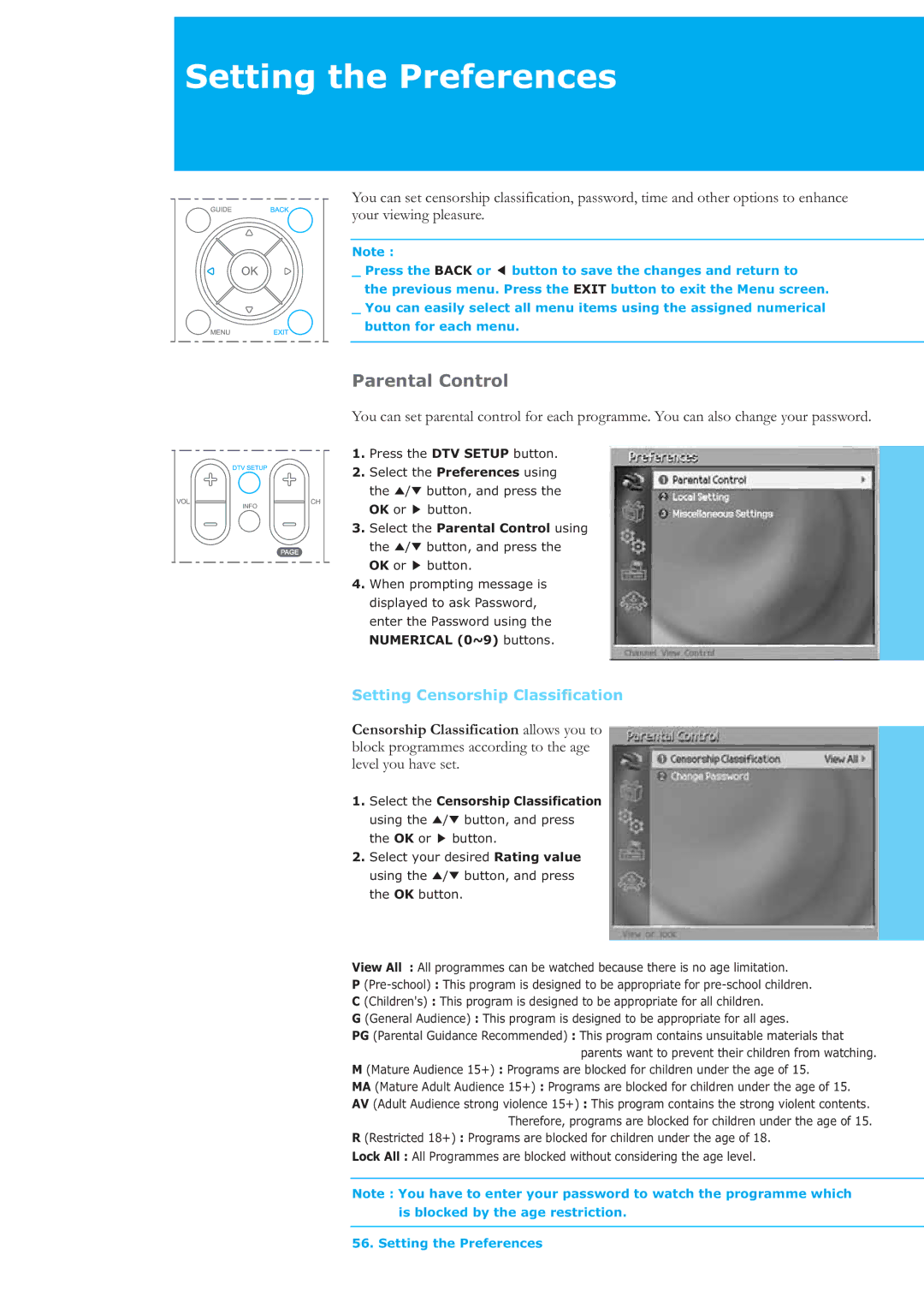 Humax LAU-26TPVR manual Setting the Preferences, Parental Control, Setting Censorship Classification, OK or 