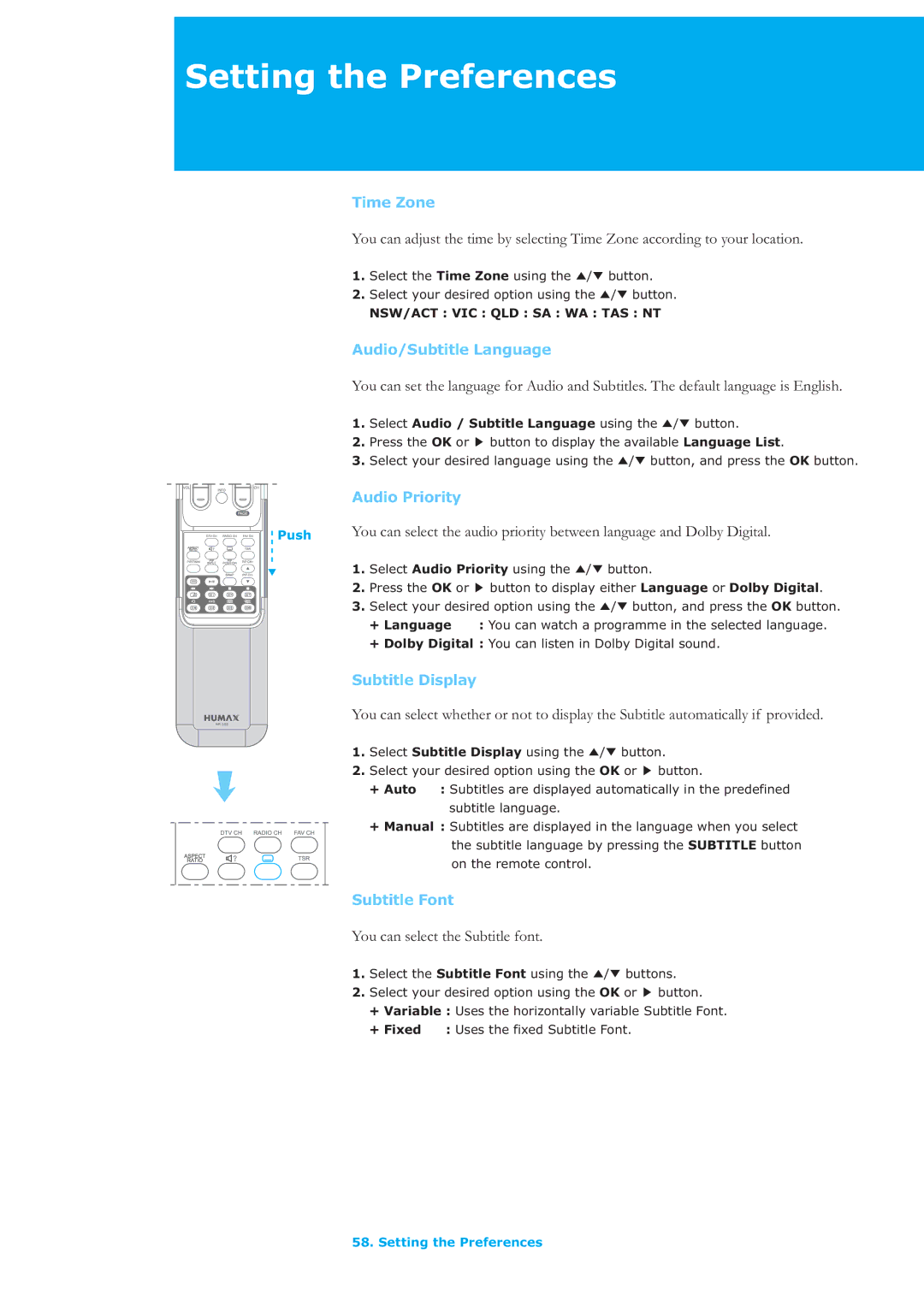 Humax LAU-26TPVR manual Time Zone, Audio/Subtitle Language, Audio Priority, Subtitle Display, Subtitle Font 