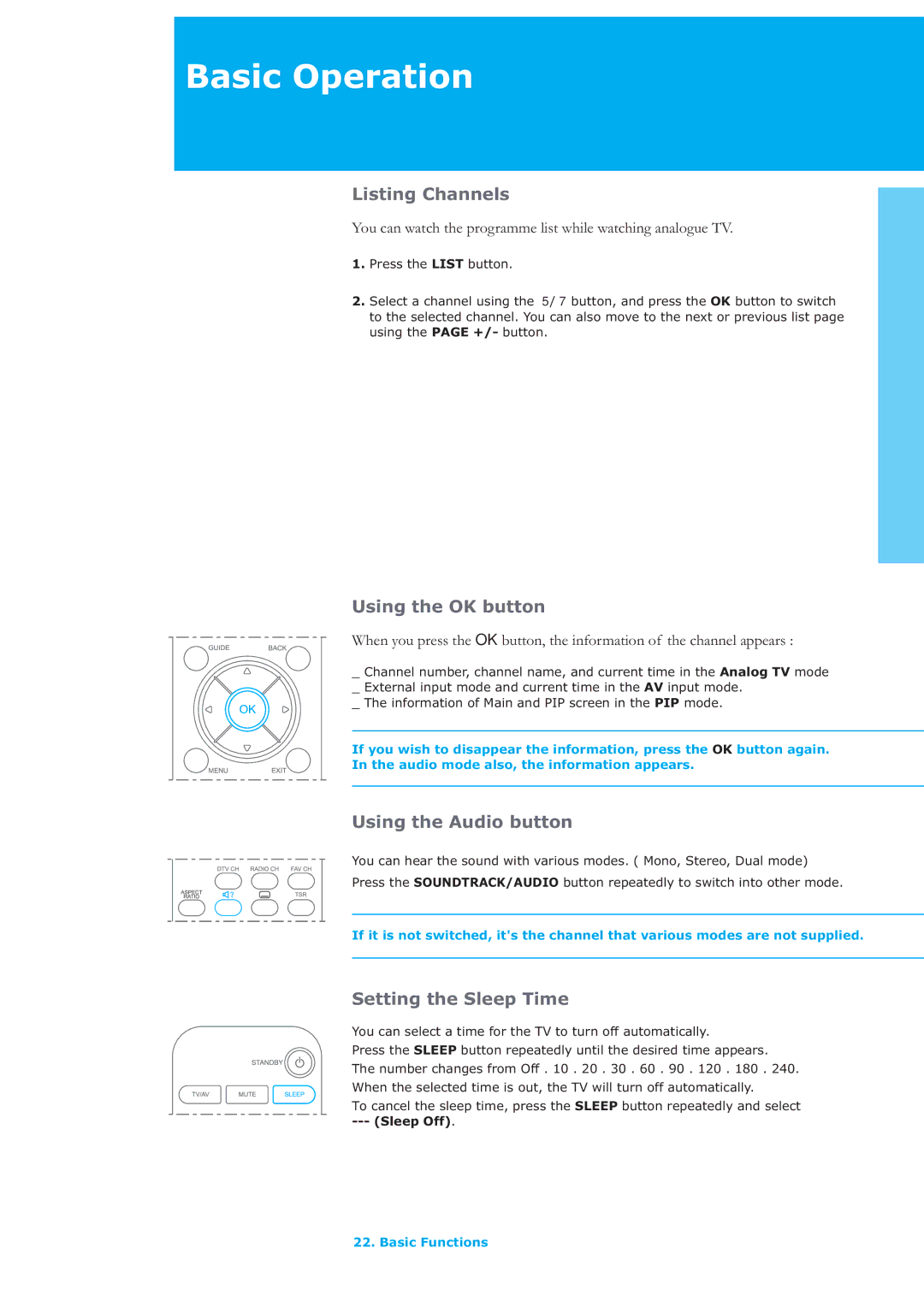Humax LAU-32TPVR manual Listing Channels, Using the OK button, Using the Audio button, Setting the Sleep Time 