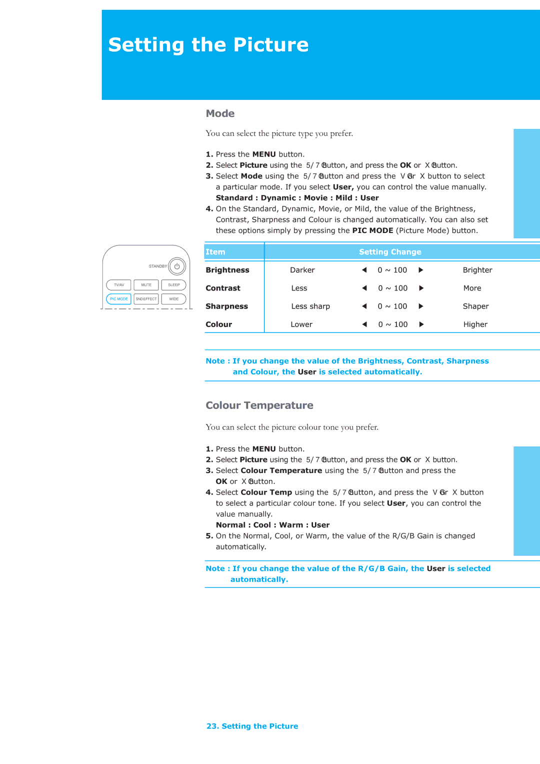 Humax LAU-32TPVR manual Setting the Picture, Mode, Colour Temperature, You can select the picture type you prefer 