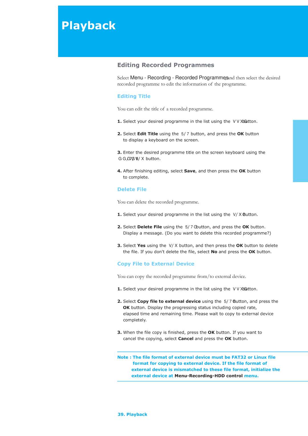 Humax LAU-32TPVR manual Editing Recorded Programmes, Editing Title, Delete File, Copy File to External Device 