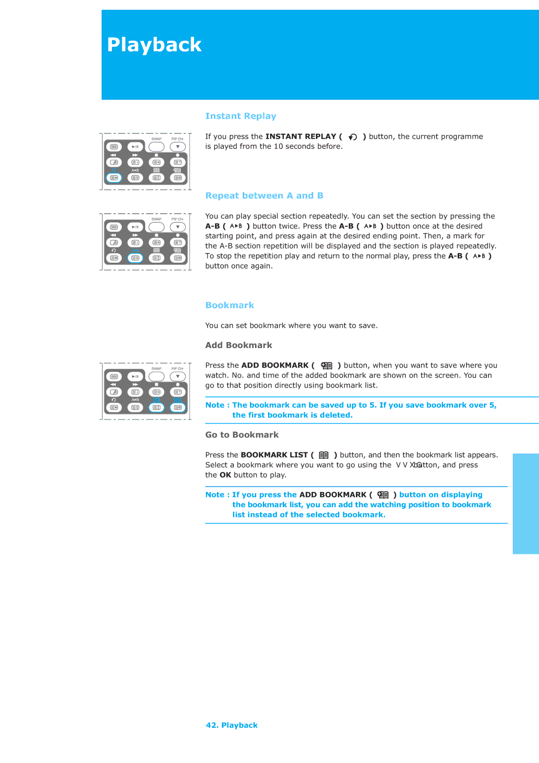 Humax LAU-32TPVR manual Instant Replay, Repeat between a and B, Bookmark, You can set bookmark where you want to save 