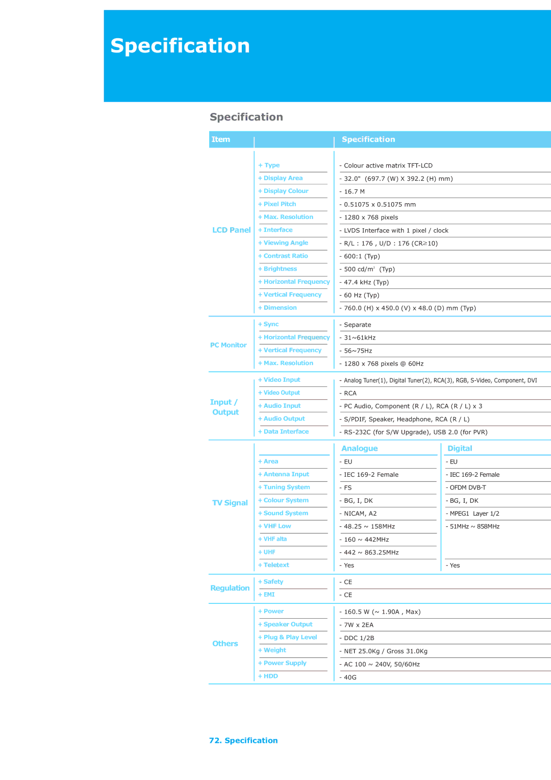 Humax LAU-32TPVR manual Specification 