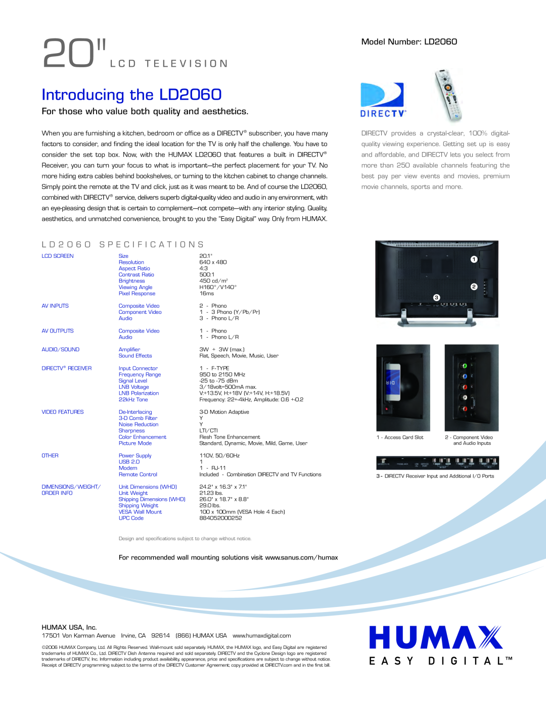 Humax LD-2060 manual Introducing the LD2060, 20L C D T E L E V I S I O N, For those who value both quality and aesthetics 
