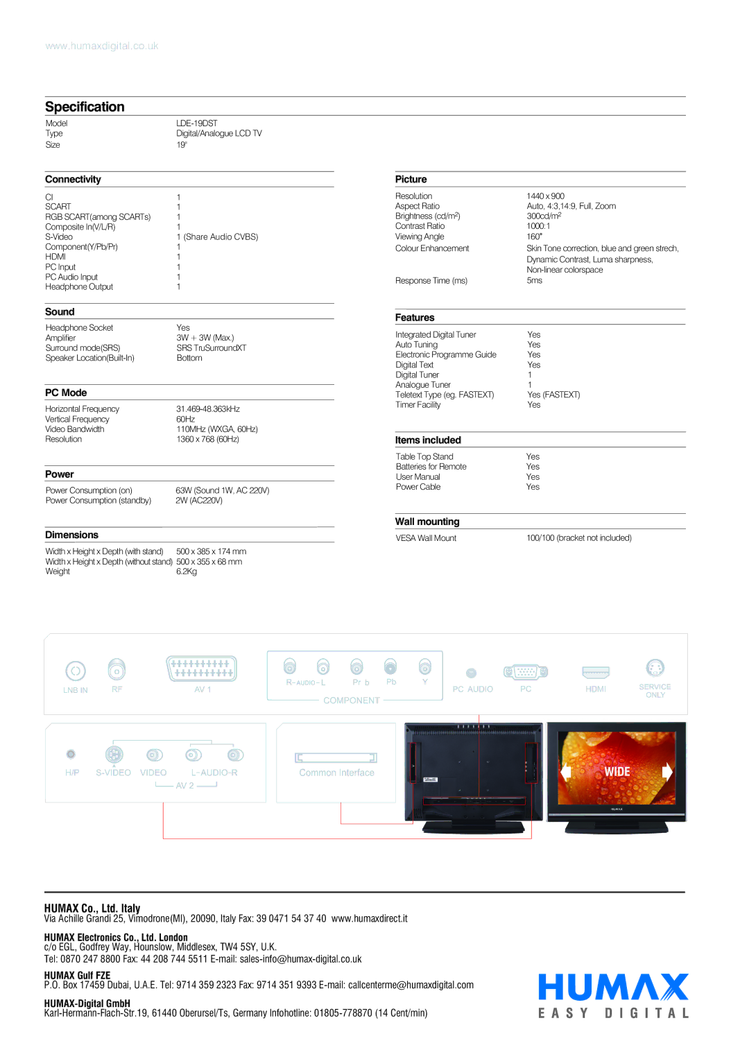 Humax LDE-19DST manual Connectivity Picture, Sound, PC Mode, Power, Dimensions, Features, Items included, Wall mounting 