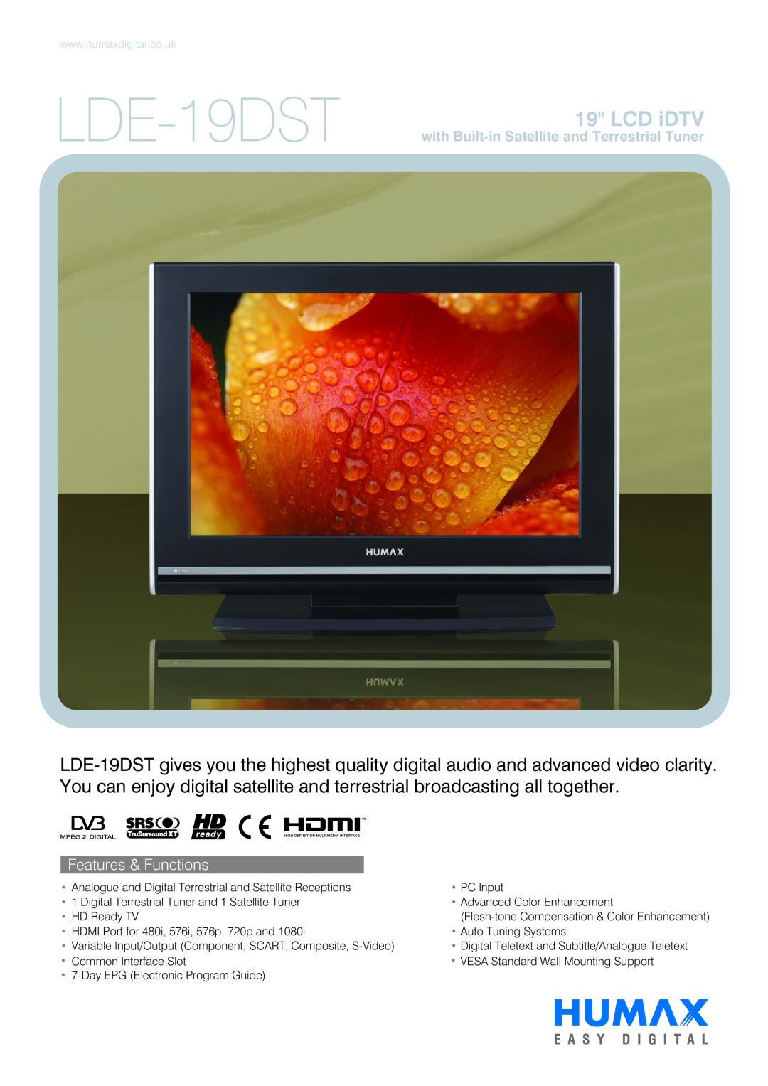 Humax LDE-19DST manual LCD iDTV, Features & Functions, with Built-in Satellite and Terrestrial Tuner 