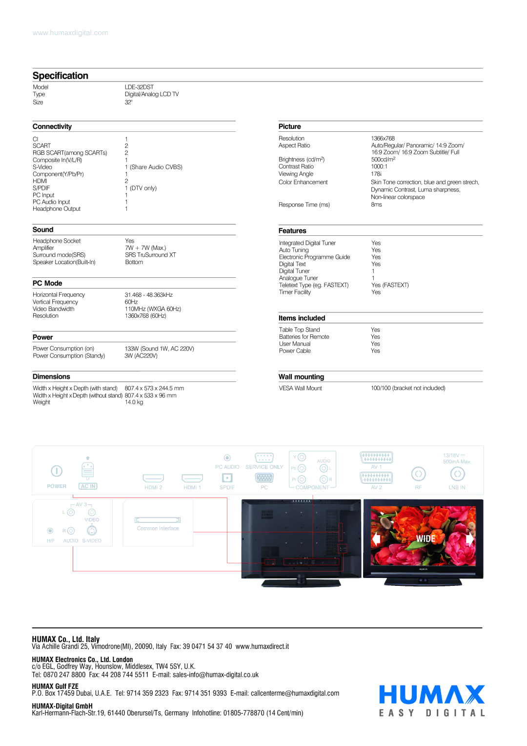 Humax LDE-32DST manual Connectivity, Sound, PC Mode, Power, Dimensions, Picture, Features, Items included, Wall mounting 