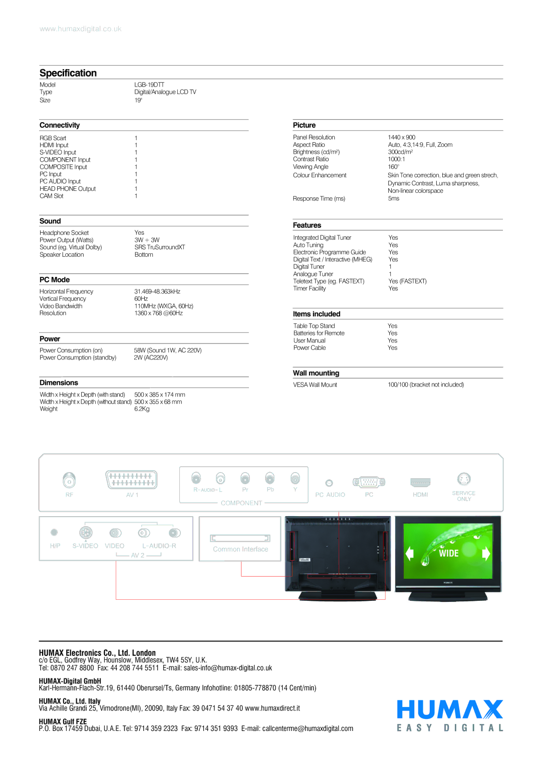 Humax LGB-19DTT manual Connectivity Picture, Sound, PC Mode, Power, Features, Items included, Dimensions, Wall mounting 