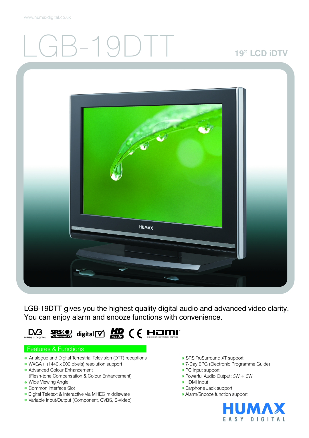 Humax manual LGB-19DTT 19” LCD iDTV, Features & Functions 