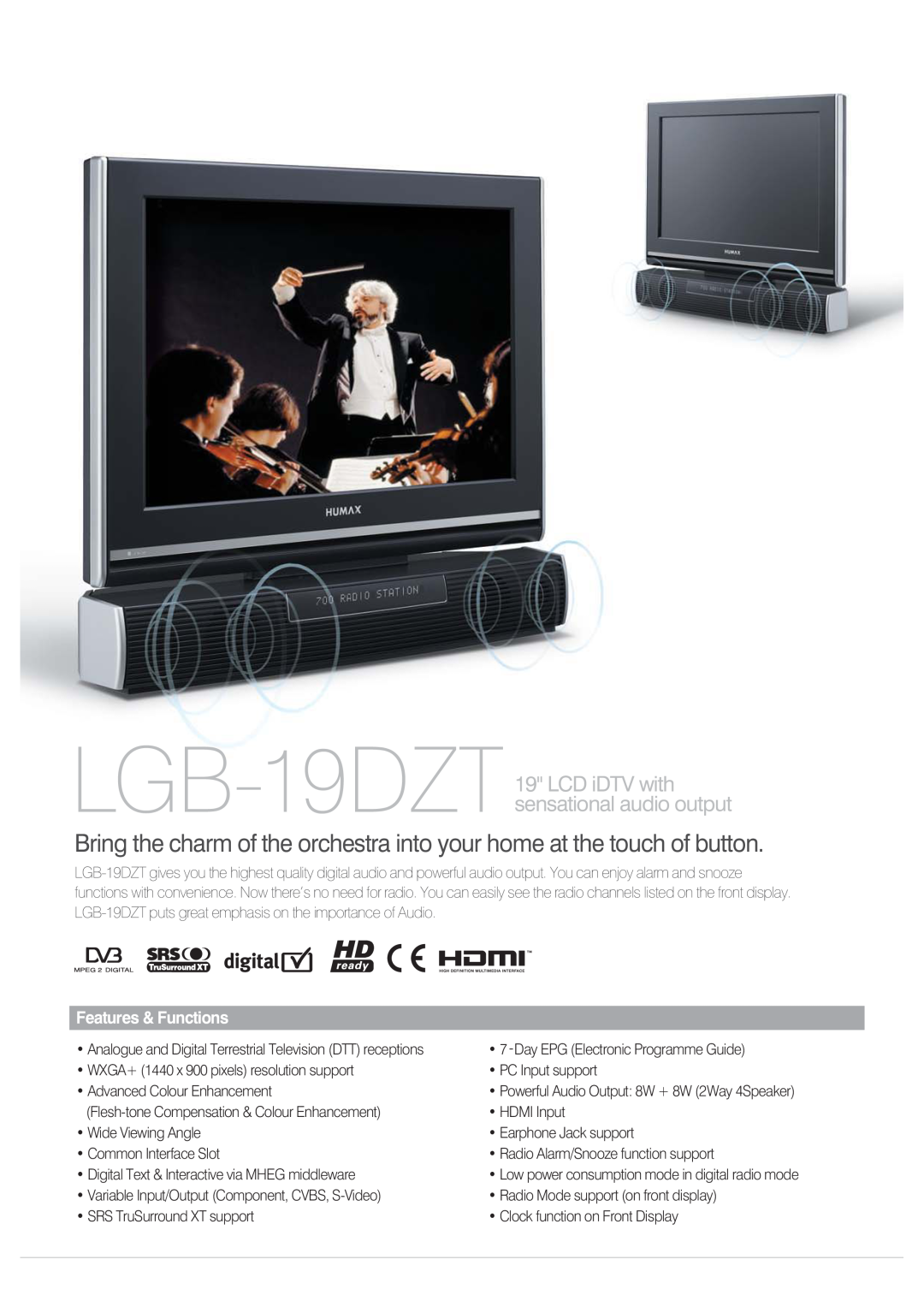 Humax manual LGB-19DZT 19 LCD iDTV with sensational audio output, Features & Functions 