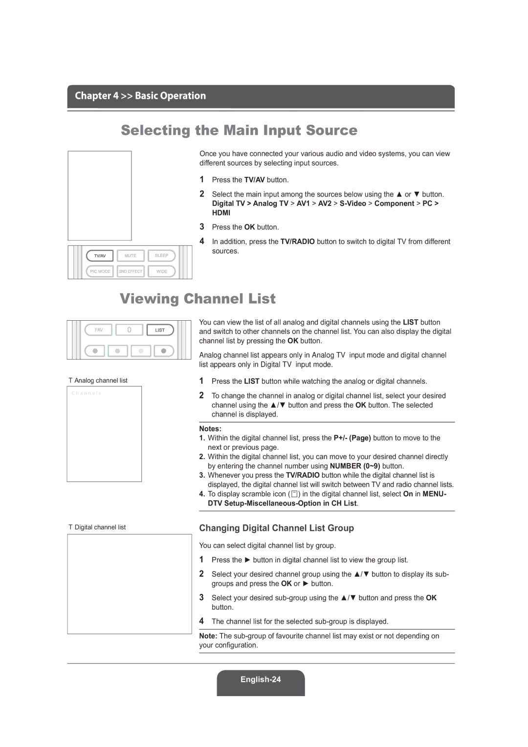 Humax LGB-22DRT, LGB-19DRT manual Selecting the Main Input Source, Viewing Channel List, Changing Digital Channel List Group 