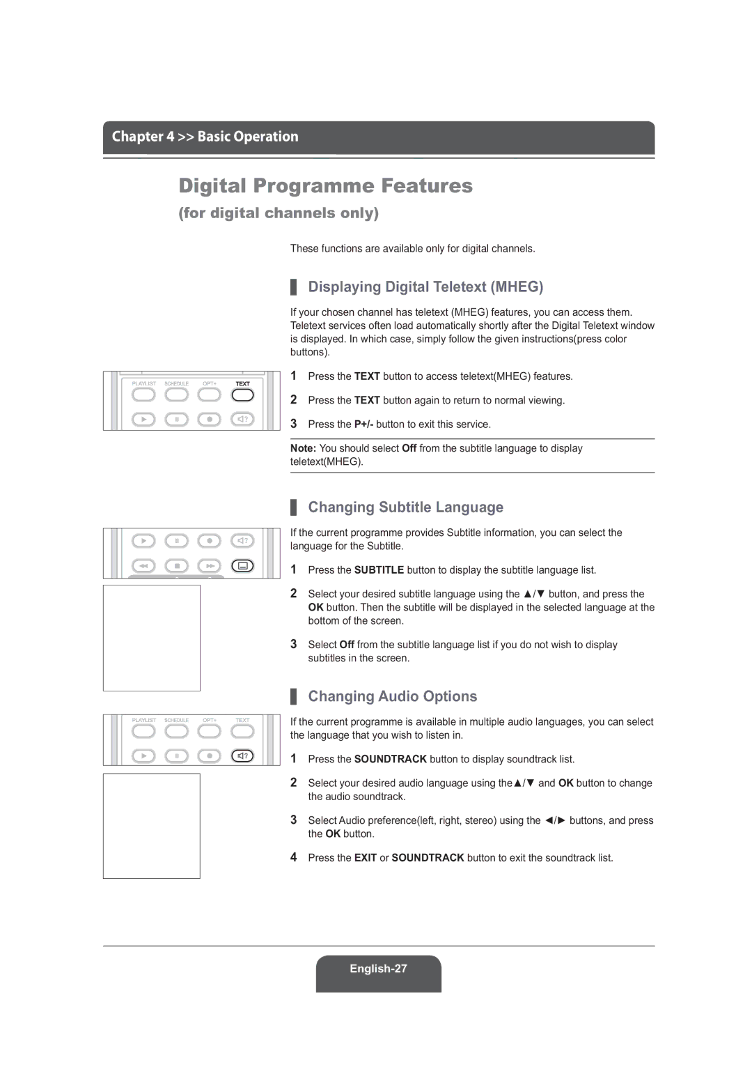 Humax LGB-19DRT, LGB-22DRT manual Digital Programme Features, Displaying Digital Teletext Mheg, Changing Subtitle Language 