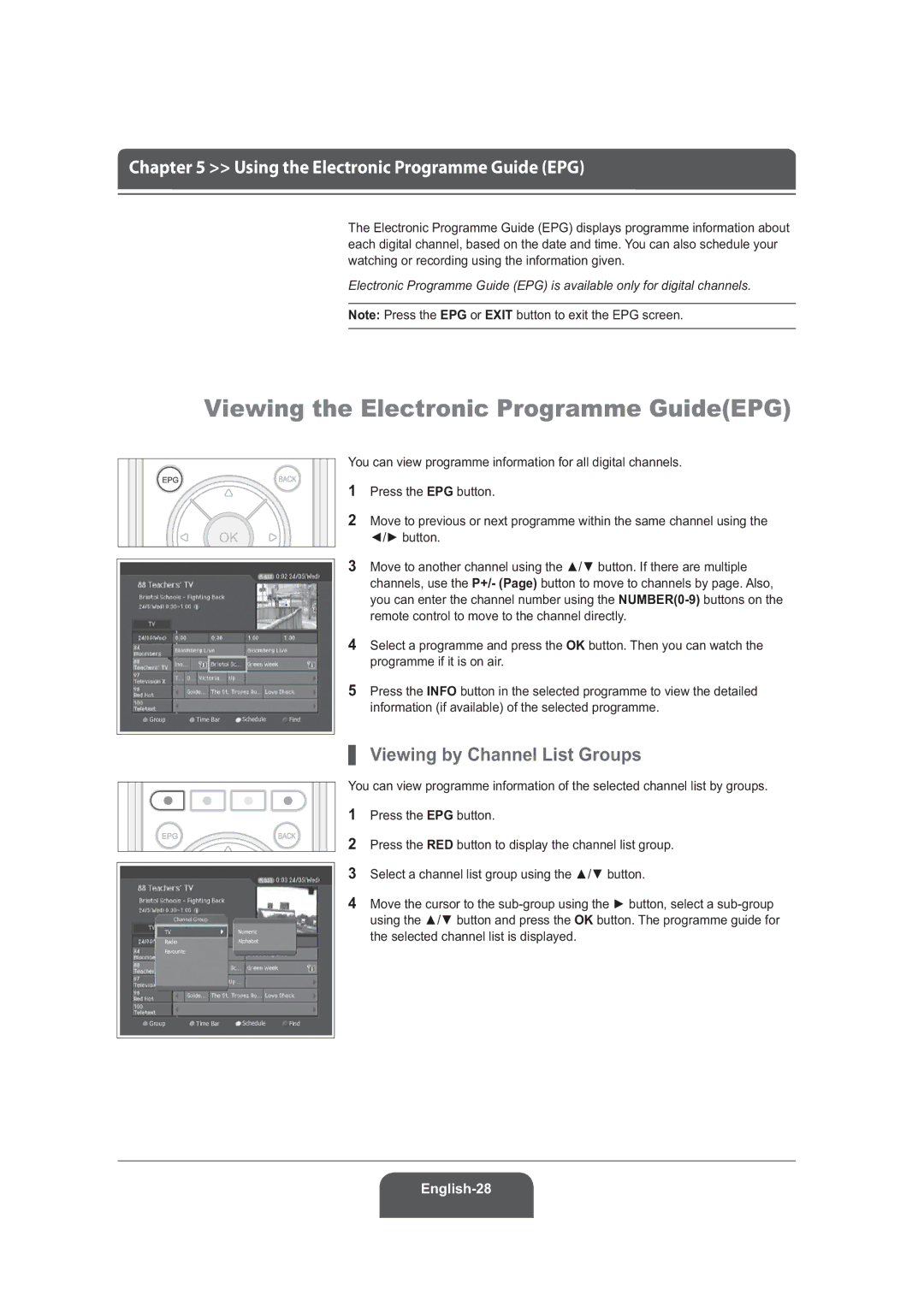 Humax LGB-22DRT, LGB-19DRT manual Viewing the Electronic Programme GuideEPG, Viewing by Channel List Groups, ŹExwwrq 